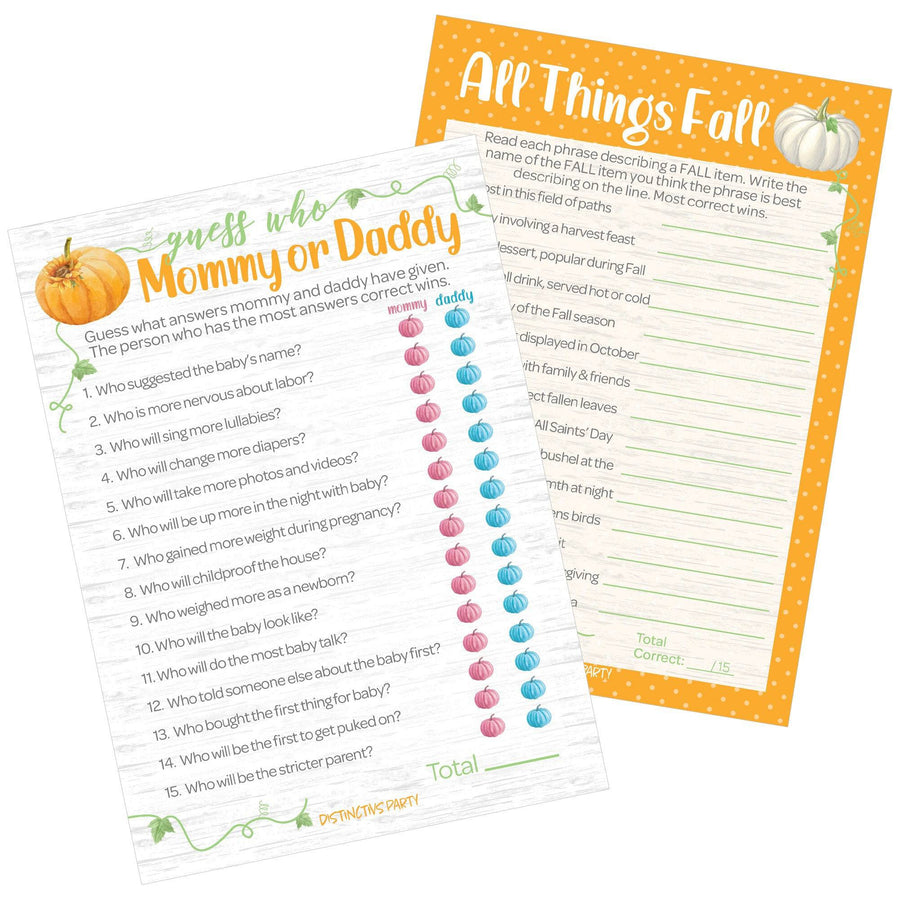 Little Pumpkin: Orange -  Baby Shower Game - "Guess Who" Mommy or Daddy and All things Fall Party Activity - Two Game Bundle - 20 Dual Sided Cards - Distinctivs Party