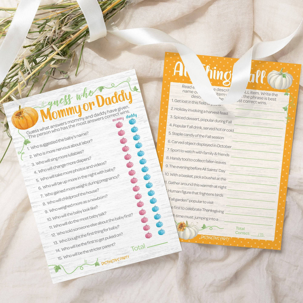 Little Pumpkin: Orange -  Baby Shower Game - "Guess Who" Mommy or Daddy and All things Fall Party Activity - Two Game Bundle - 20 Dual Sided Cards - Distinctivs Party