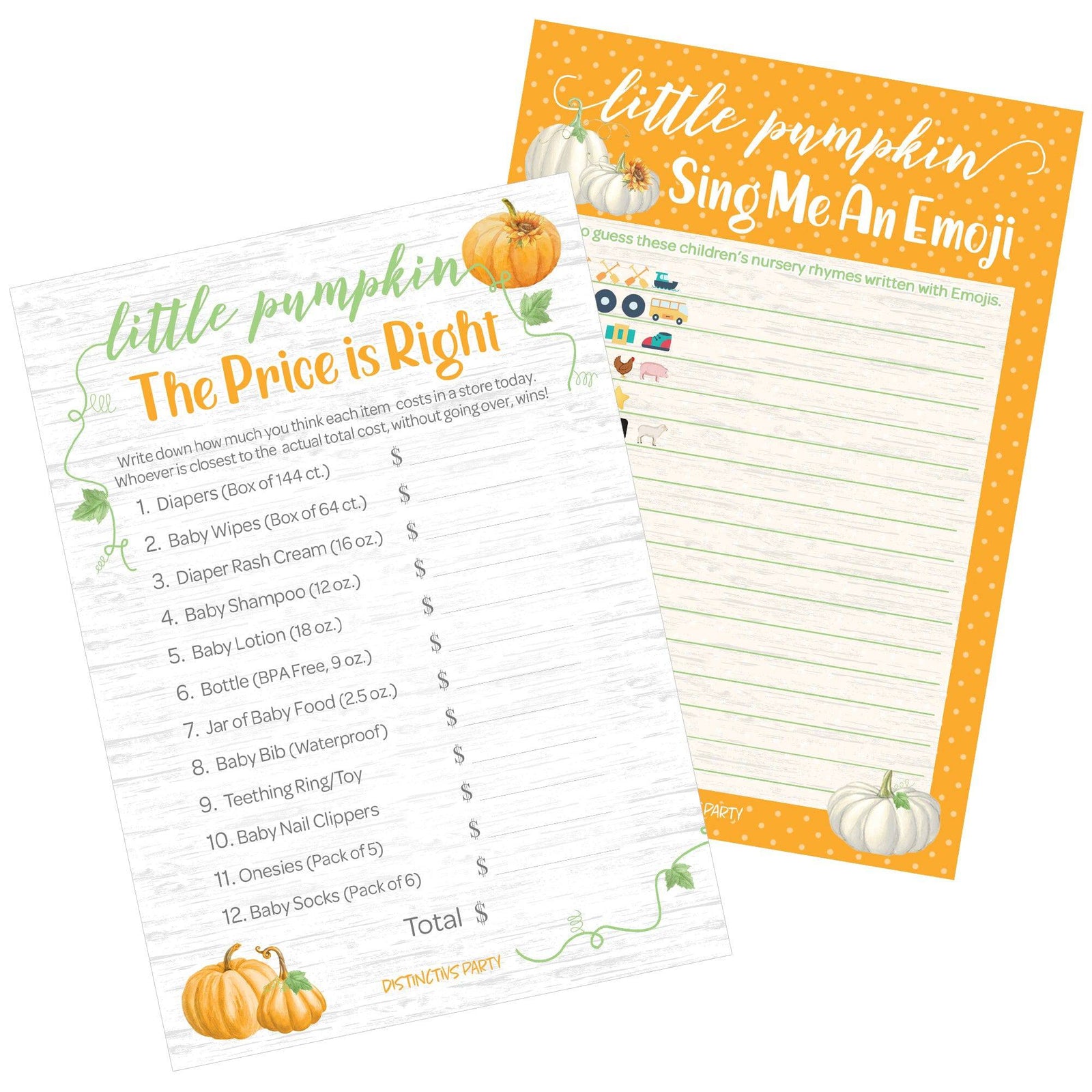 Little Pumpkin: Orange -  Baby Shower Game - Price is Right and Emoji Party Activity - Two Game Bundle - 20 Dual Sided Cards - Distinctivs Party
