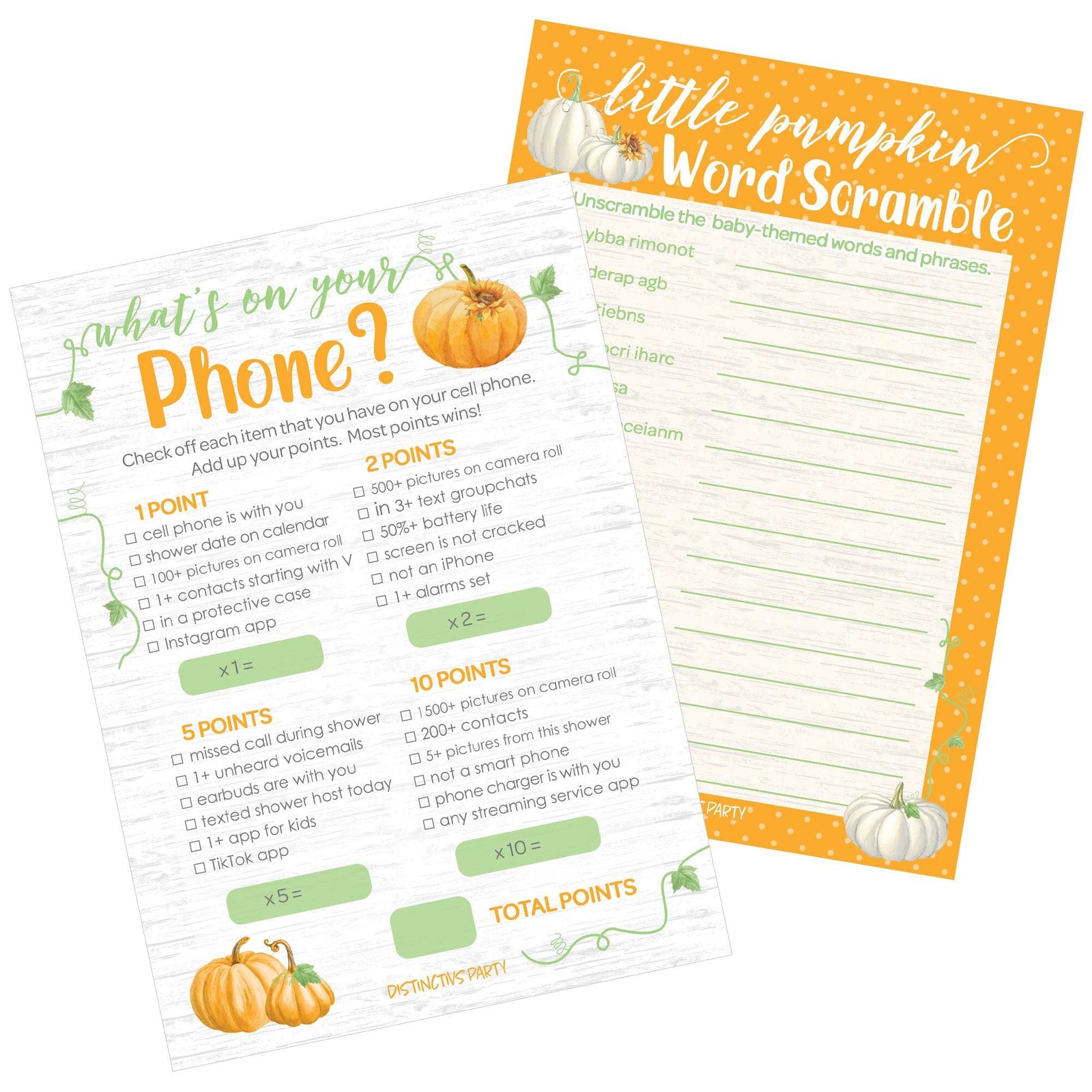 Little Pumpkin: Orange -  Baby Shower Game  - What's On Your Phone and Word Scramble - Two Game Bundle - 20 Dual Sided Cards - Distinctivs Party
