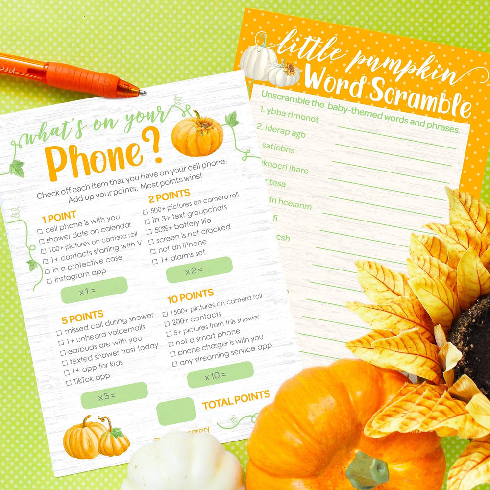 Classic Orange Little Pumpkin Baby Shower 2 Game Bundle - What's On Your Phone and Word Scramble Party Activity - 20 Dual Sided Cards