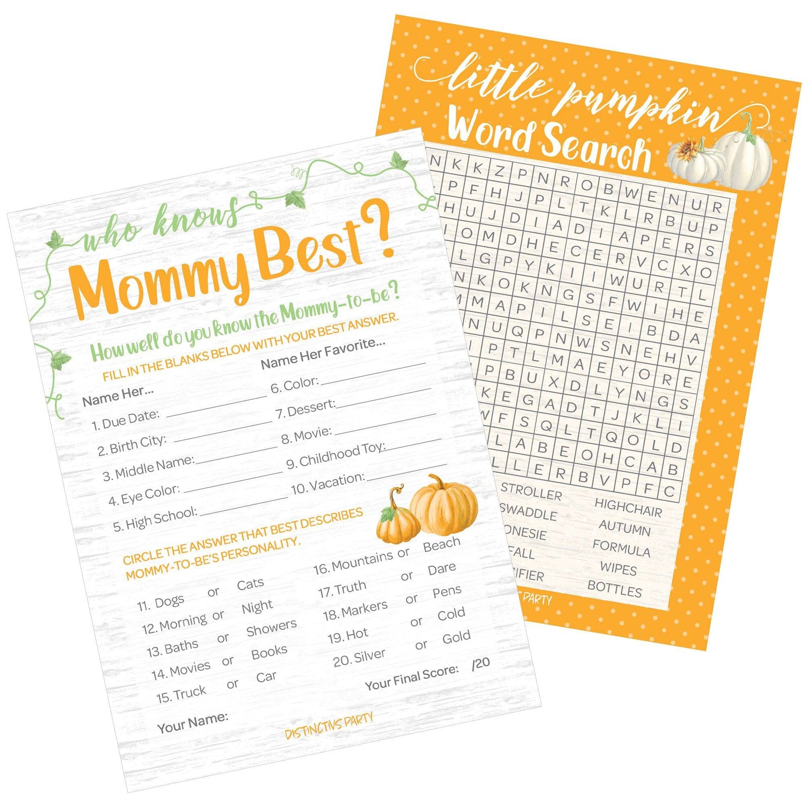 Little Pumpkin: Orange - Baby Shower Game - Word Search and Who Knows Mommy Best Party Activity - Two Game Bundle - 20 Dual Sided Cards - Distinctivs Party