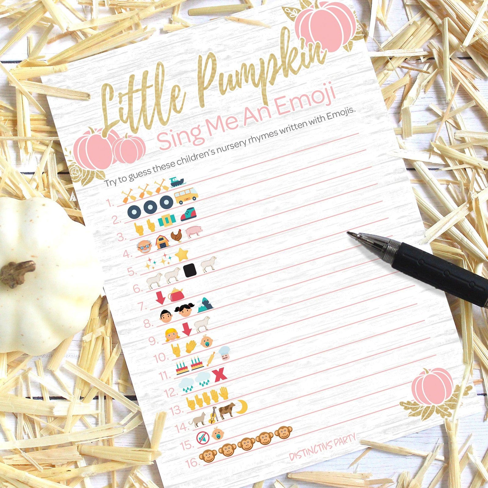 Little Pumpkin: Pink & Gold - Baby Shower Game -  Emoji Game Cards - Fall, Girl - 20 Count - Distinctivs Party