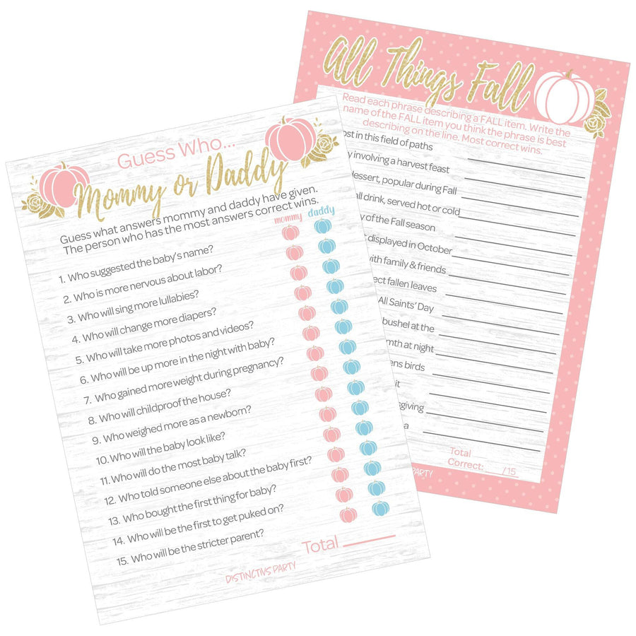 Little Pumpkin: Pink & Gold - Baby Shower Game - "Guess Who" Mommy or Daddy and All Things Fall Party Activity - Two Game Bundle - Fall, Girl -  20 Dual Sided Cards - Distinctivs Party