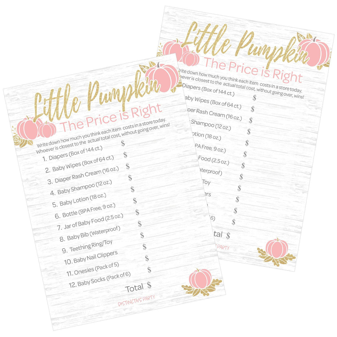 Pink and Gold Pumpkin Themed Baby Shower Price is Right Game Cards - 20 count