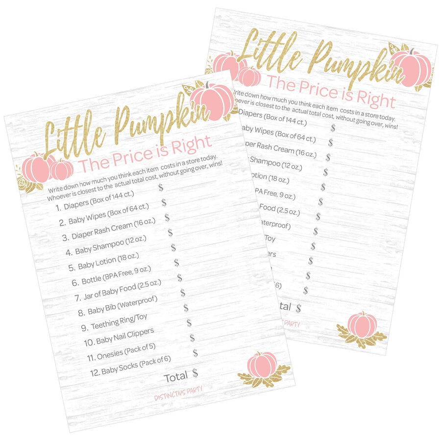 Pink and Gold Pumpkin Themed Baby Shower Price is Right Game Cards - 20 count