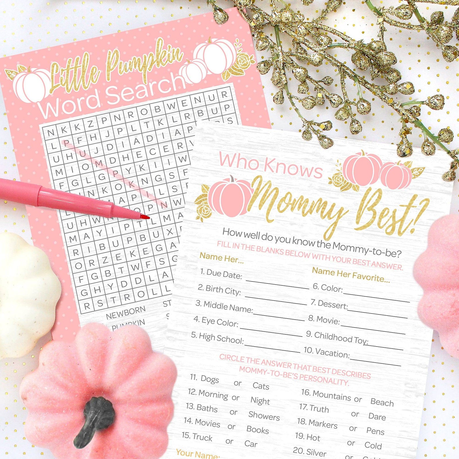 Little Pumpkin: Pink & Gold - Baby Shower Game - Word Search and Who Knows Mommy Best Party Activity - Two Game Bundle  - Fall, Girl - 20 Dual Sided Cards - Distinctivs Party