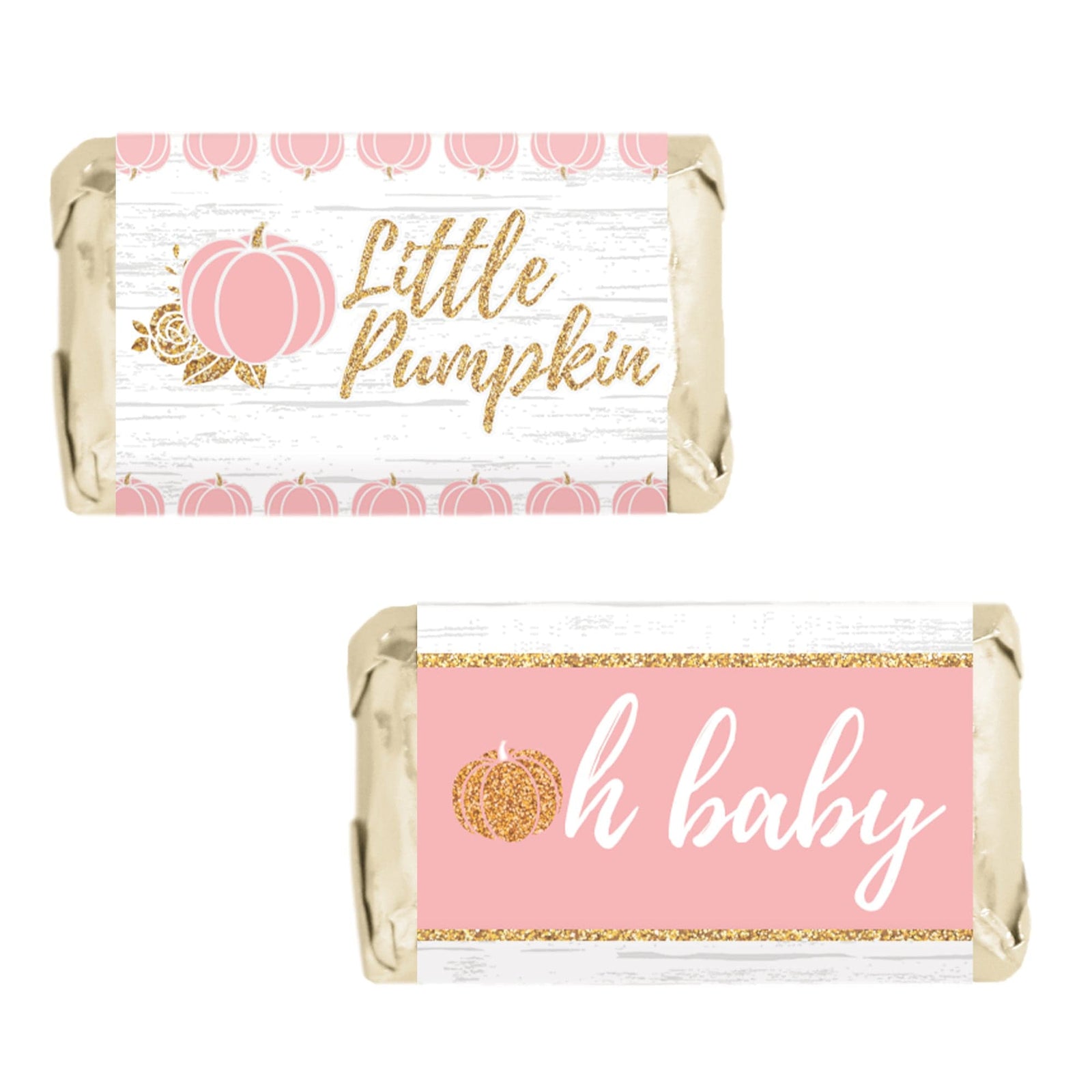 Little Pumpkin: Pink & Gold - Baby Shower - Mini Candy Bar Wrappers-  Fall, Girl  - 45 Stickers - Distinctivs Party