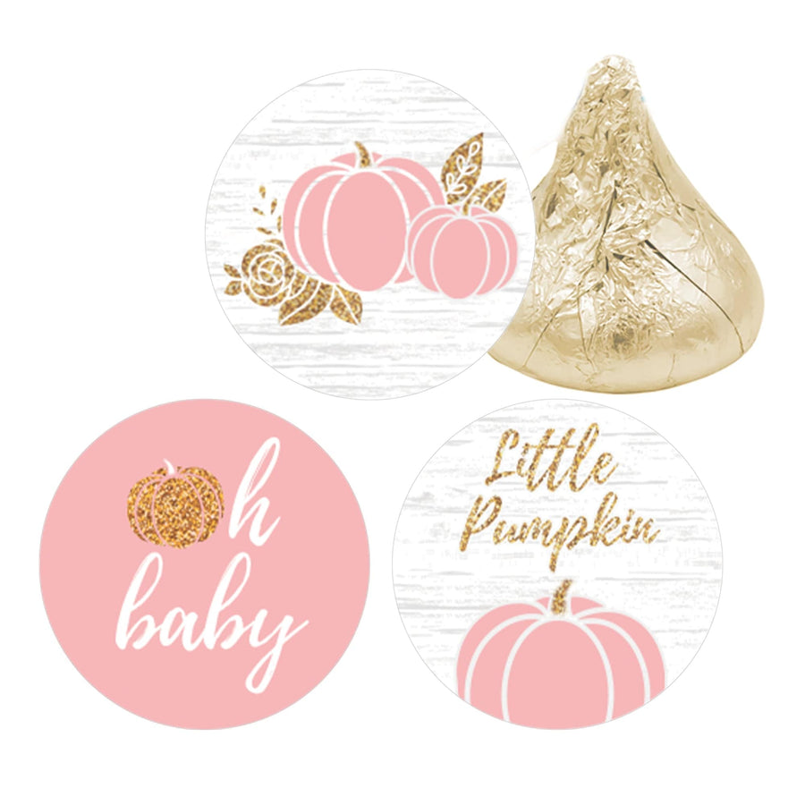 Little Pumpkin: Pink & Gold - Baby Shower - Party Favor Stickers-  Fits on Hershey's Kisses  Fall, Girl -180 Stickers - Distinctivs Party