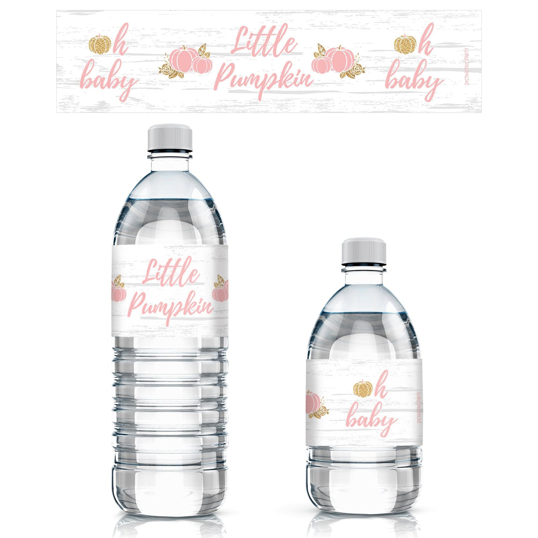 Pink and Gold Little Pumpkin Water Bottle Labels - 24 Stickers