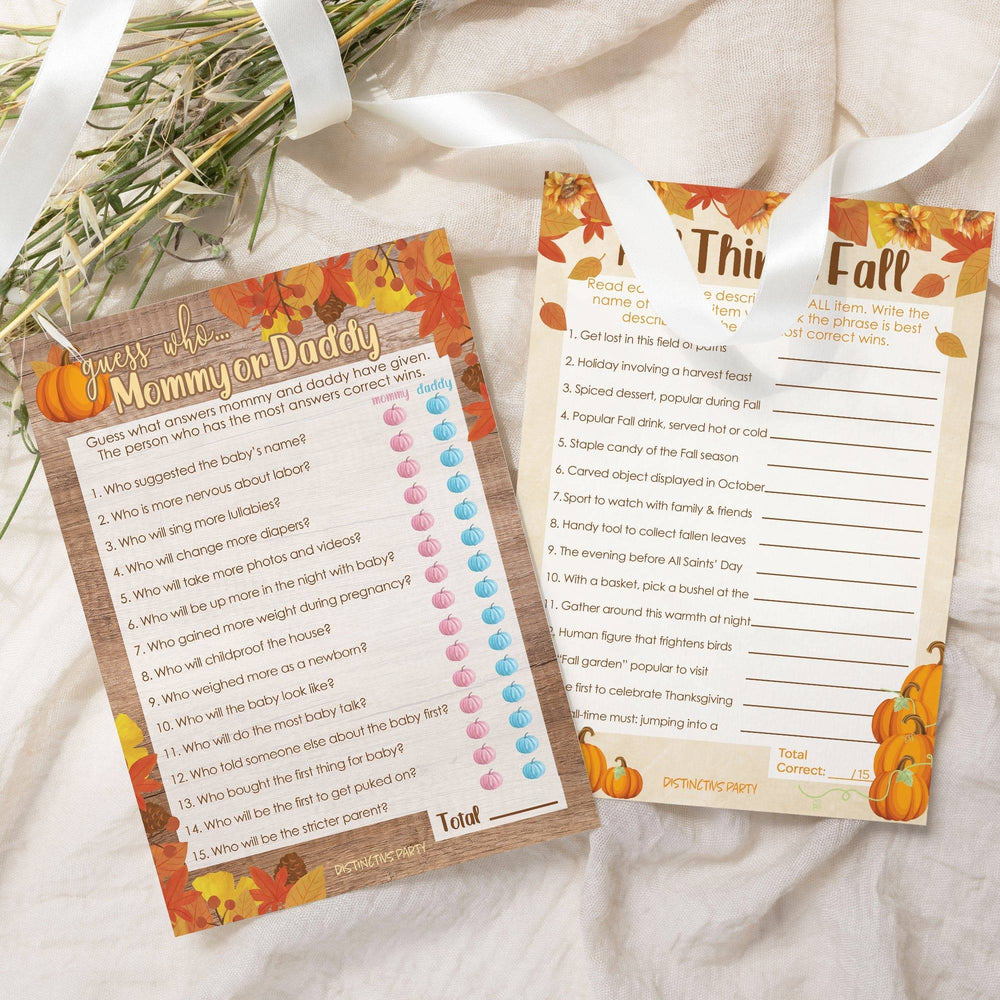 Little Pumpkin: Rustic Orange - Baby Shower Game - "Guess Who" Mommy or Daddy and All things Fall Party Activity - Two Game Bundle -  20 Dual Sided Cards - Distinctivs Party