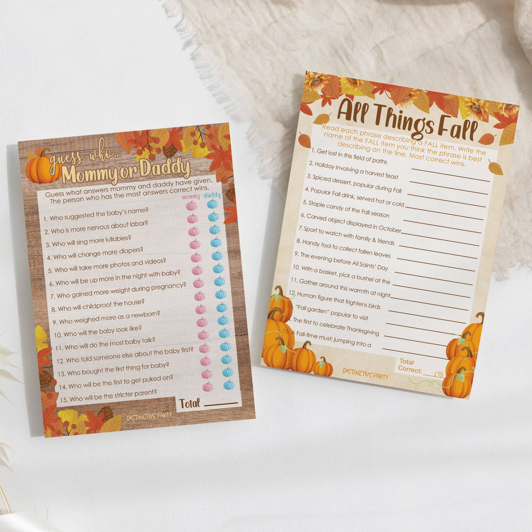 Little Pumpkin: Rustic Orange - Baby Shower Game - "Guess Who" Mommy or Daddy and All things Fall Party Activity - Two Game Bundle -  20 Dual Sided Cards