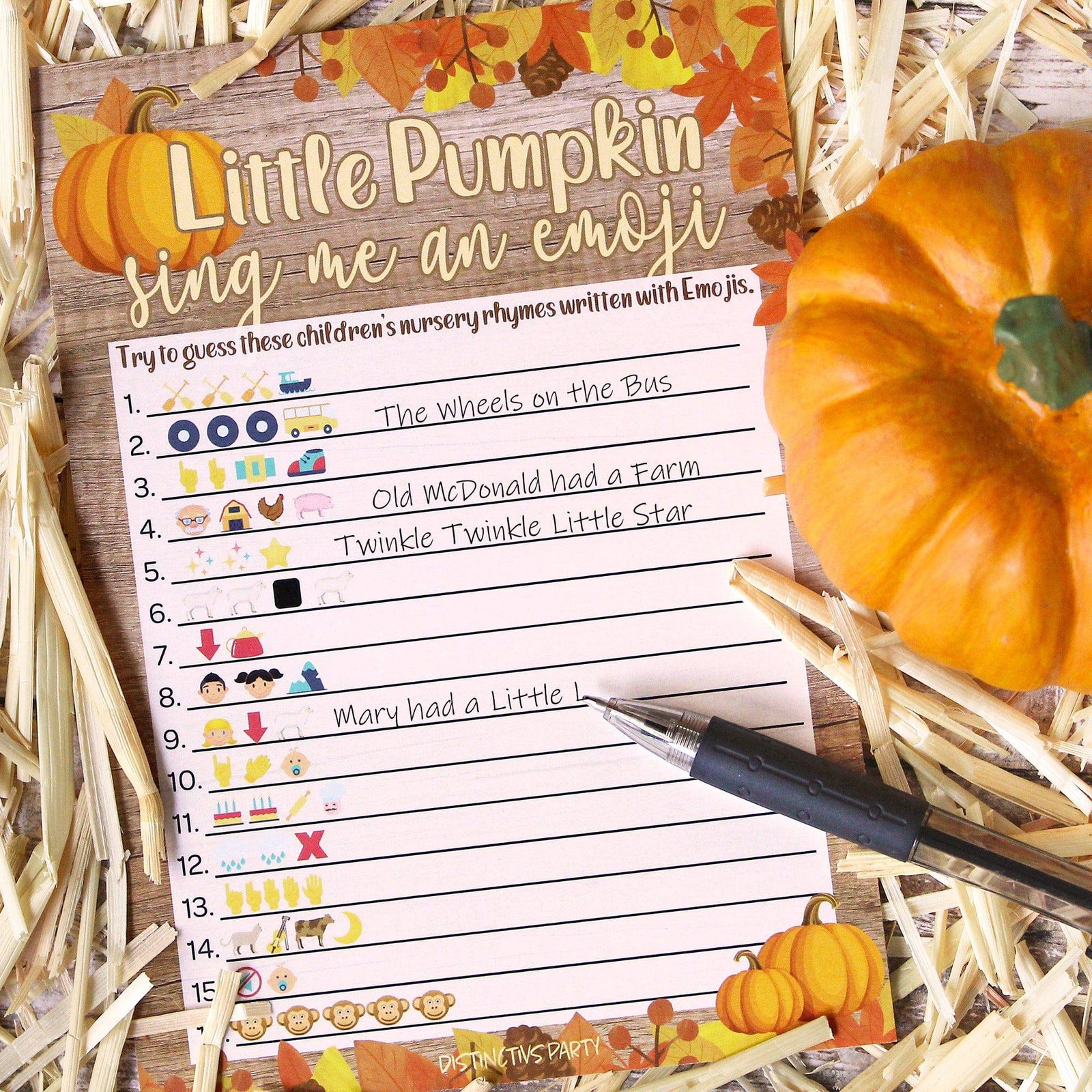 Little Pumpkin: Rustic Orange - Baby Shower Game - Sing the Emoji  - 20 count - Distinctivs Party