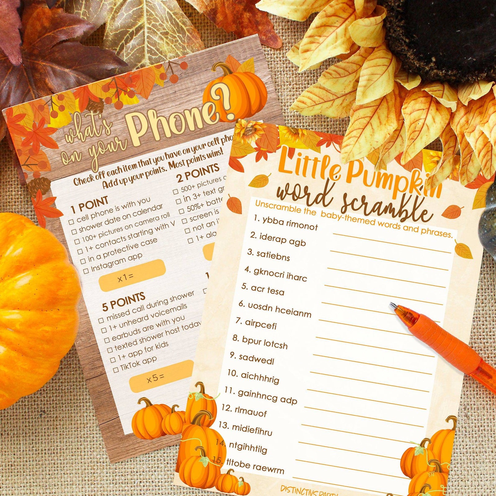 Little Pumpkin: Rustic Orange - Baby Shower Game - What's On Your Phone and Word Scramble Party Activity - Two Game Bundle -  20 Dual Sided Cards - Distinctivs Party
