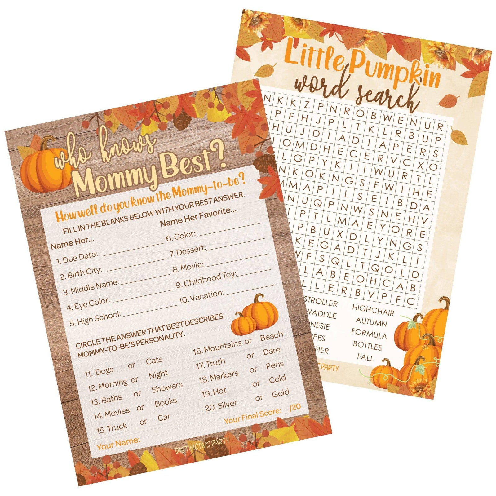 Little Pumpkin: Rustic Orange - Baby Shower Game - Word Search and Who Knows Mommy Best Party Activity - Two Game Bundle - 20 Dual Sided Cards - Distinctivs Party