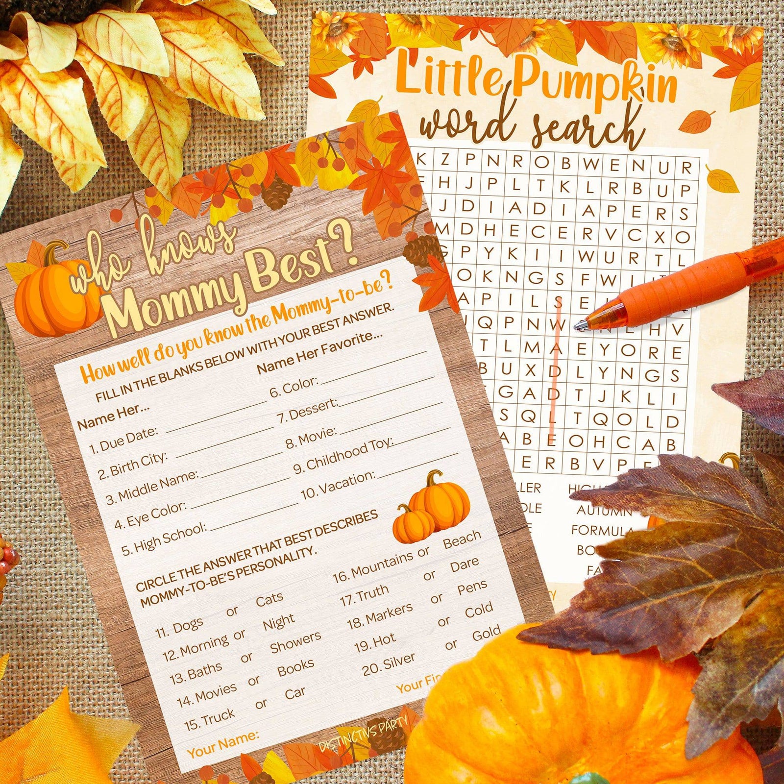 Little Pumpkin: Rustic Orange - Baby Shower Game - Word Search and Who Knows Mommy Best Party Activity - Two Game Bundle - 20 Dual Sided Cards - Distinctivs Party