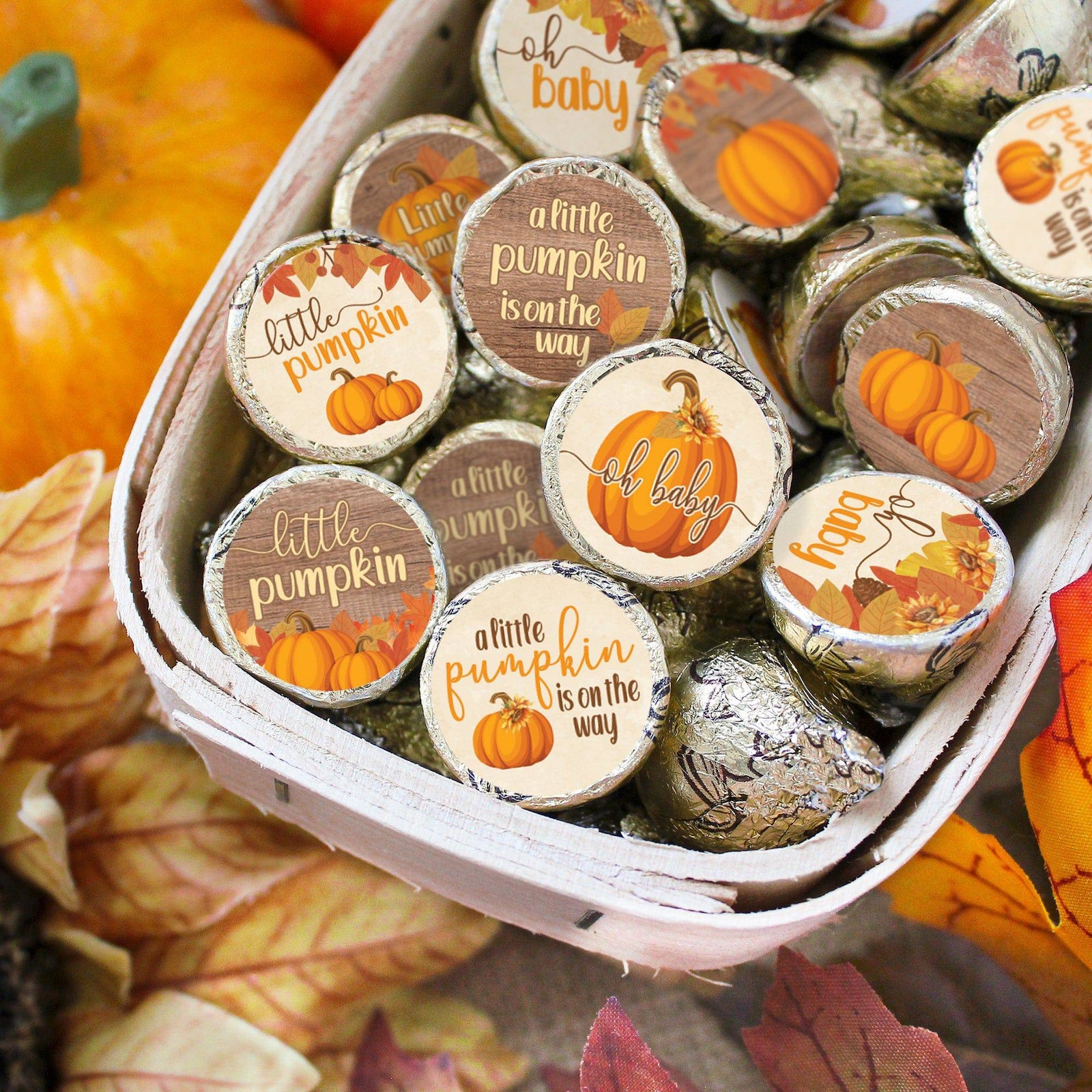 Little Pumpkin: Rustic Orange - Baby Shower Stickers - Fits on Hershey's Kisses - 180 Stickers - Distinctivs Party