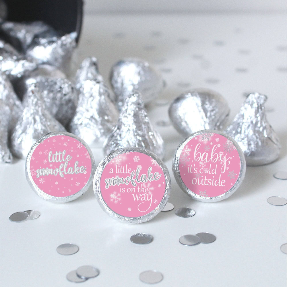 Little Snowflake: Pink - Winter Baby Shower Favor Stickers  - Fits on Hershey® Kisses - Girl -  Baby It's Cold Outside - 180 Stickers - Distinctivs Party