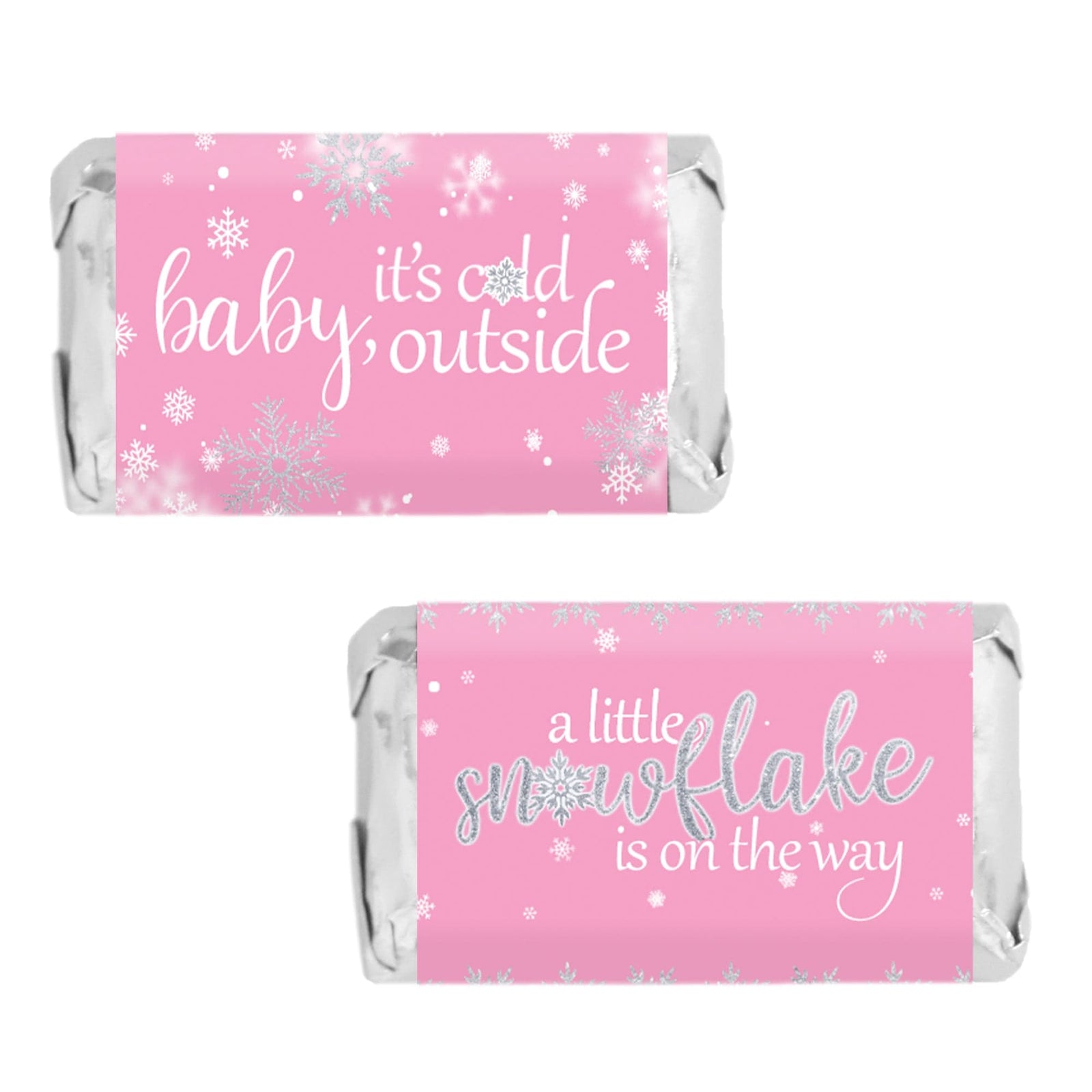 Little Snowflake: Pink -  Winter Baby Shower Mini Candy Bar Wrappers - Fits on Hershey® Miniatures -  Girl - Baby It's Cold Outside - 45 Stickers - Distinctivs Party