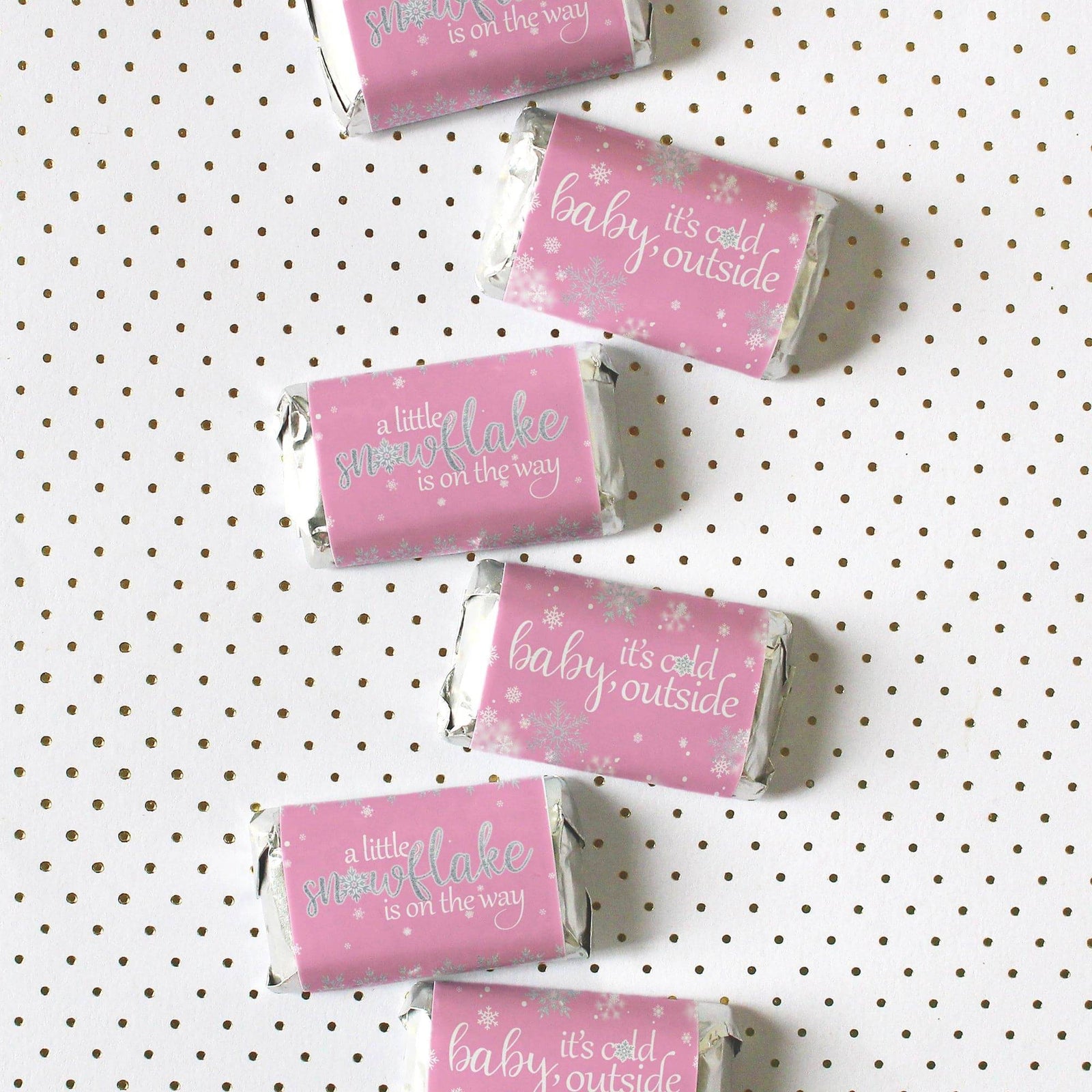 Little Snowflake: Pink -  Winter Baby Shower Mini Candy Bar Wrappers - Fits on Hershey® Miniatures -  Girl - Baby It's Cold Outside - 45 Stickers - Distinctivs Party