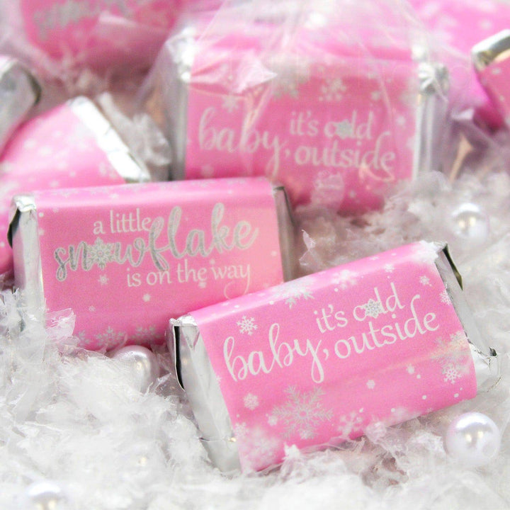 Pink Little Snowflake Winter Baby Shower Mini Candy Bar Wrappers - Baby It's Cold Outside - 45 Stickers