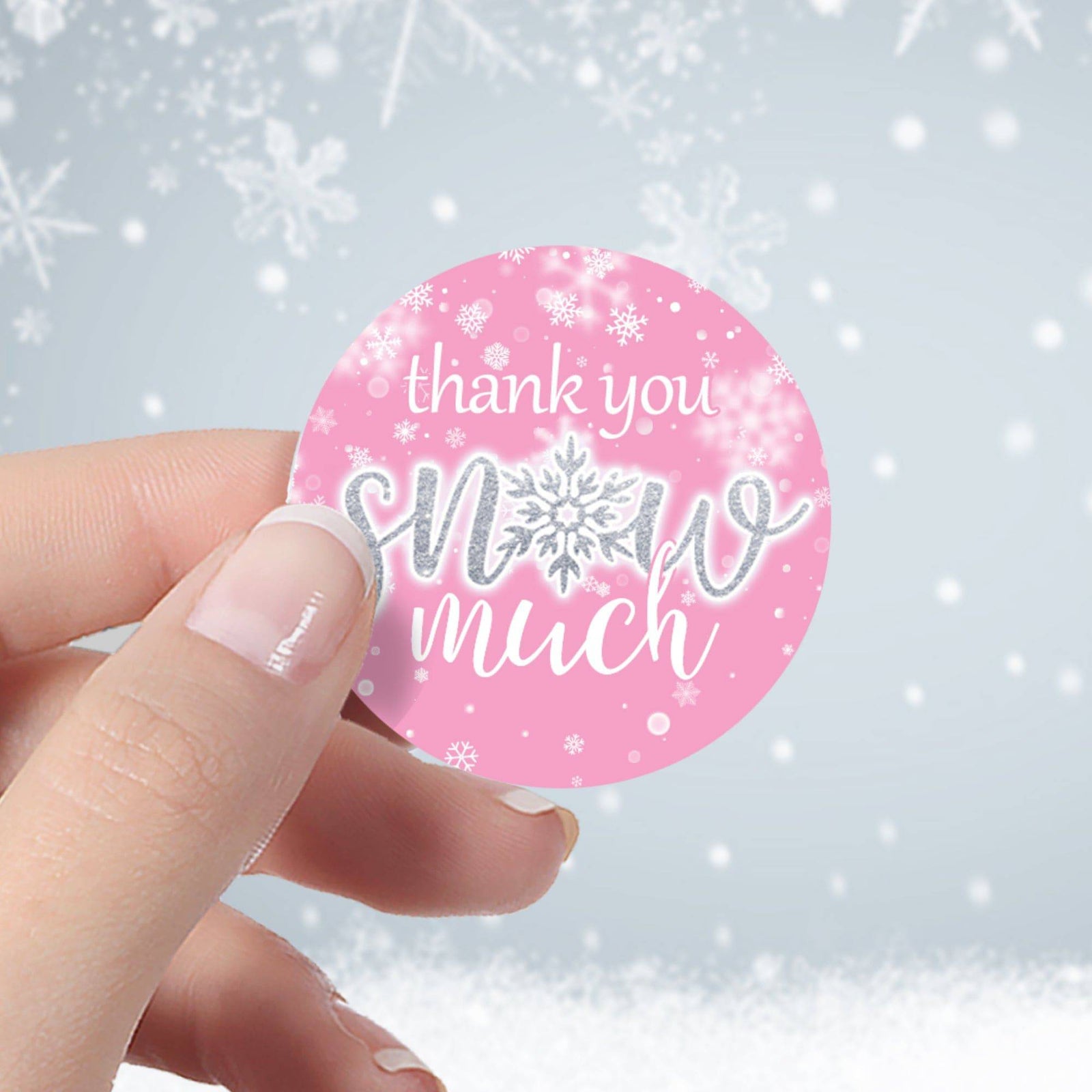 Little Snowflake: Pink -  Winter Birthday or Baby Shower - Girl - Thank You Snow Much Stickers - 40 Stickers - Distinctivs Party