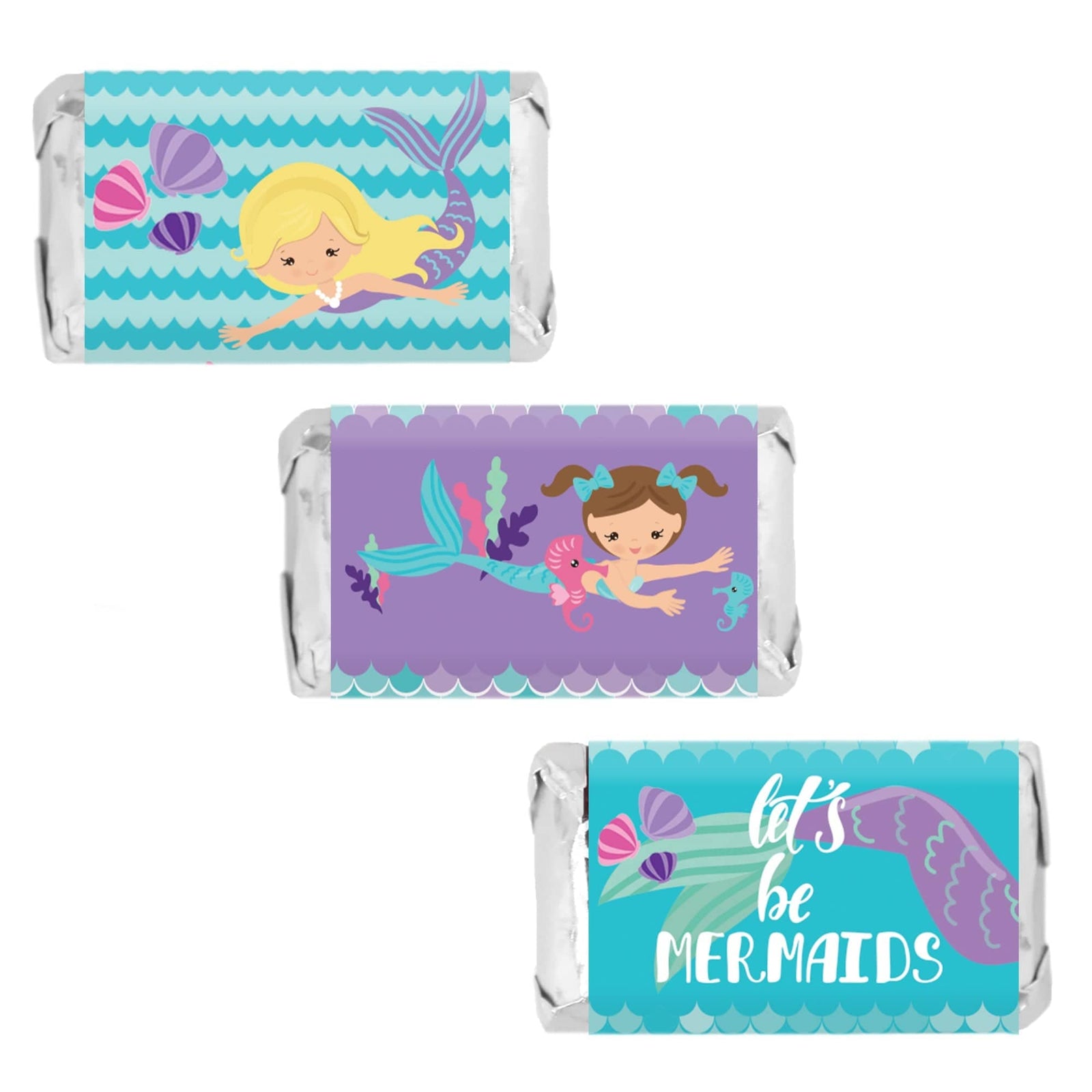 Mermaid: Let's Be Mermaids - Kid's Birthday -  Hershey's Miniatures Candy Bar Wrappers Stickers - 45 Stickers - Distinctivs Party