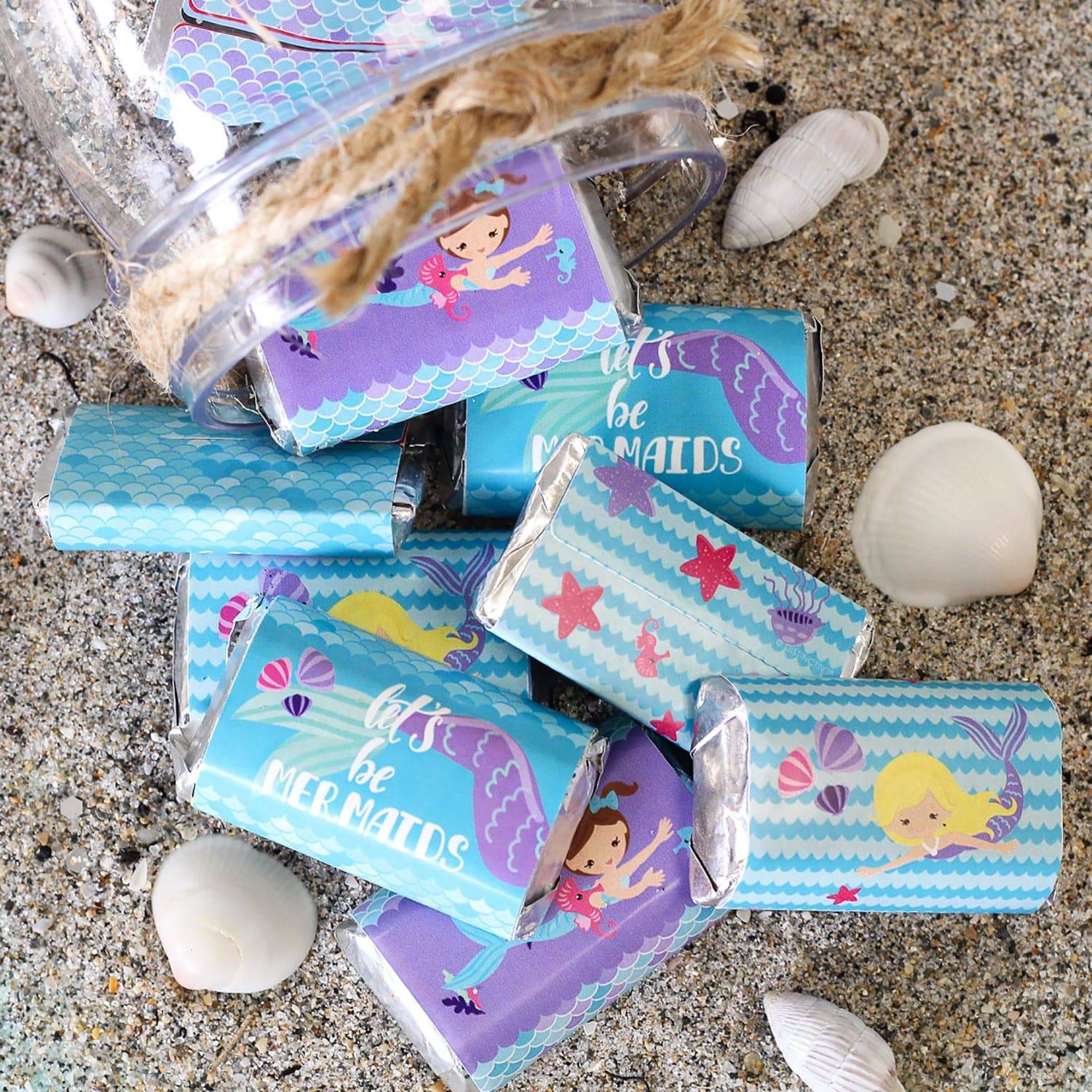 Mermaid: Let's Be Mermaids - Kid's Birthday -  Hershey's Miniatures Candy Bar Wrappers Stickers - 45 Stickers - Distinctivs Party