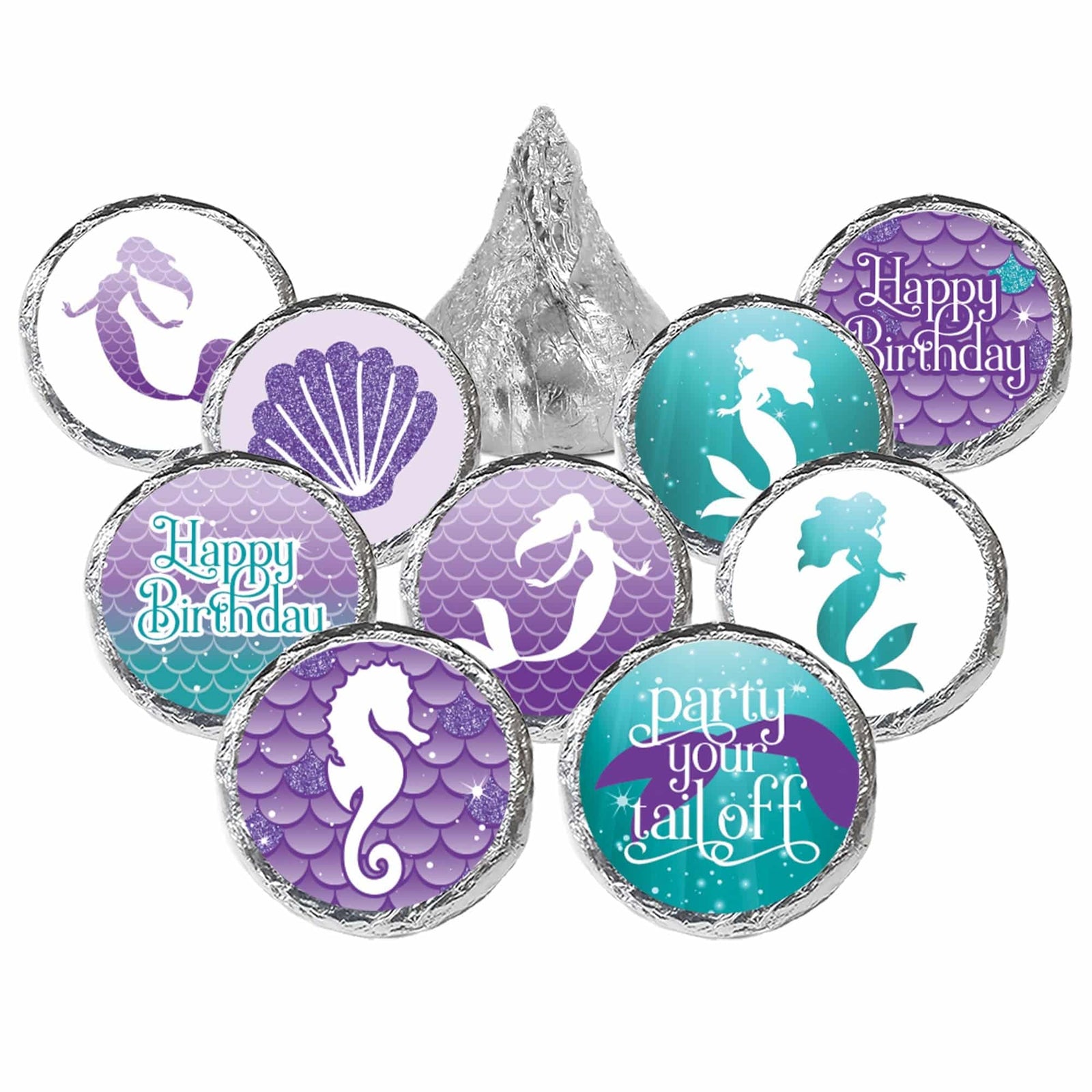 Mermaid: Party Your Tail Off - Kid's Birthday -   Round Candy Sticker Favors - Labels Fit Hershey's Kisses - 180 Stickers - Distinctivs Party