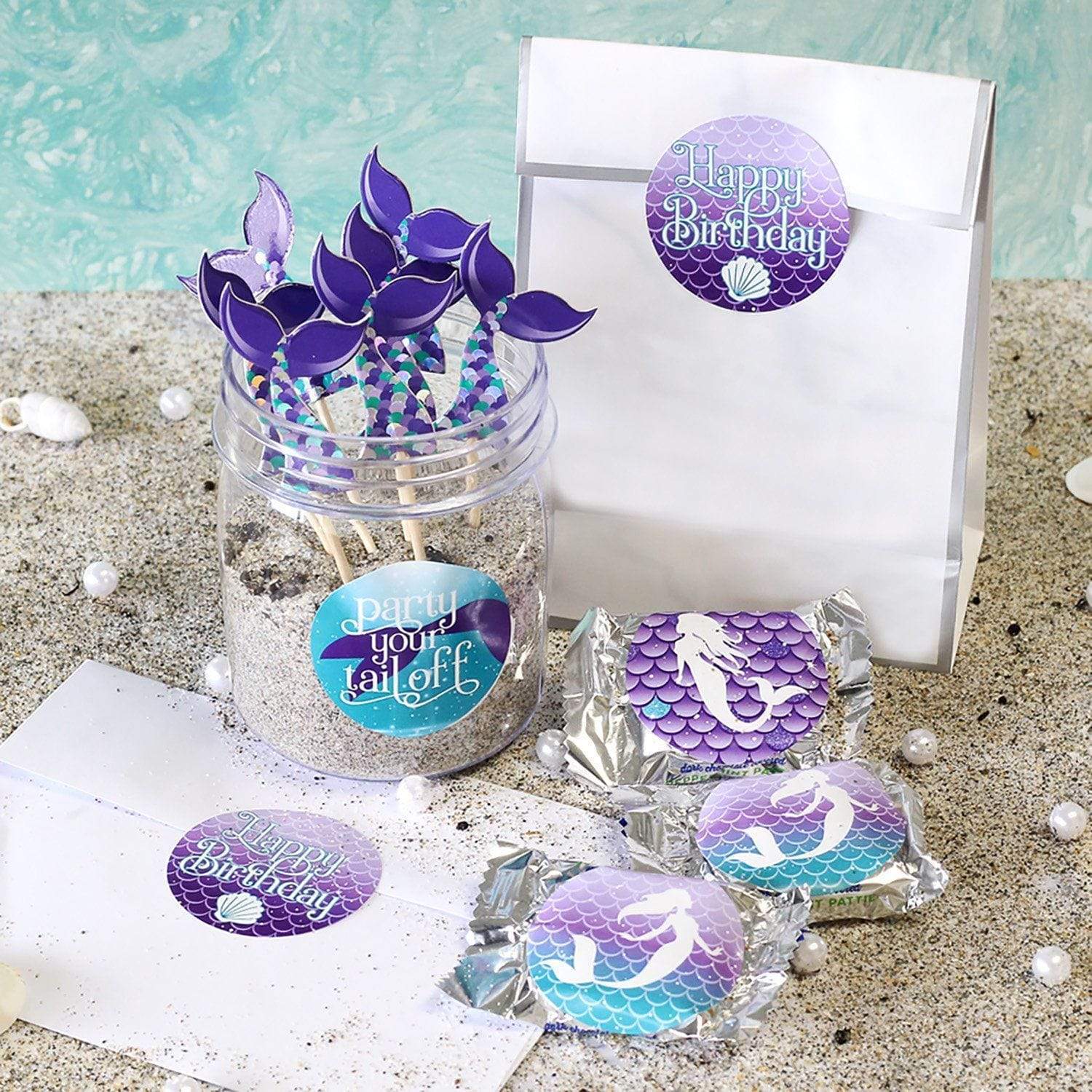 Mermaid: Party Your Tail Off - Kid's Birthday -  Round Labels - 40 Stickers - Distinctivs Party