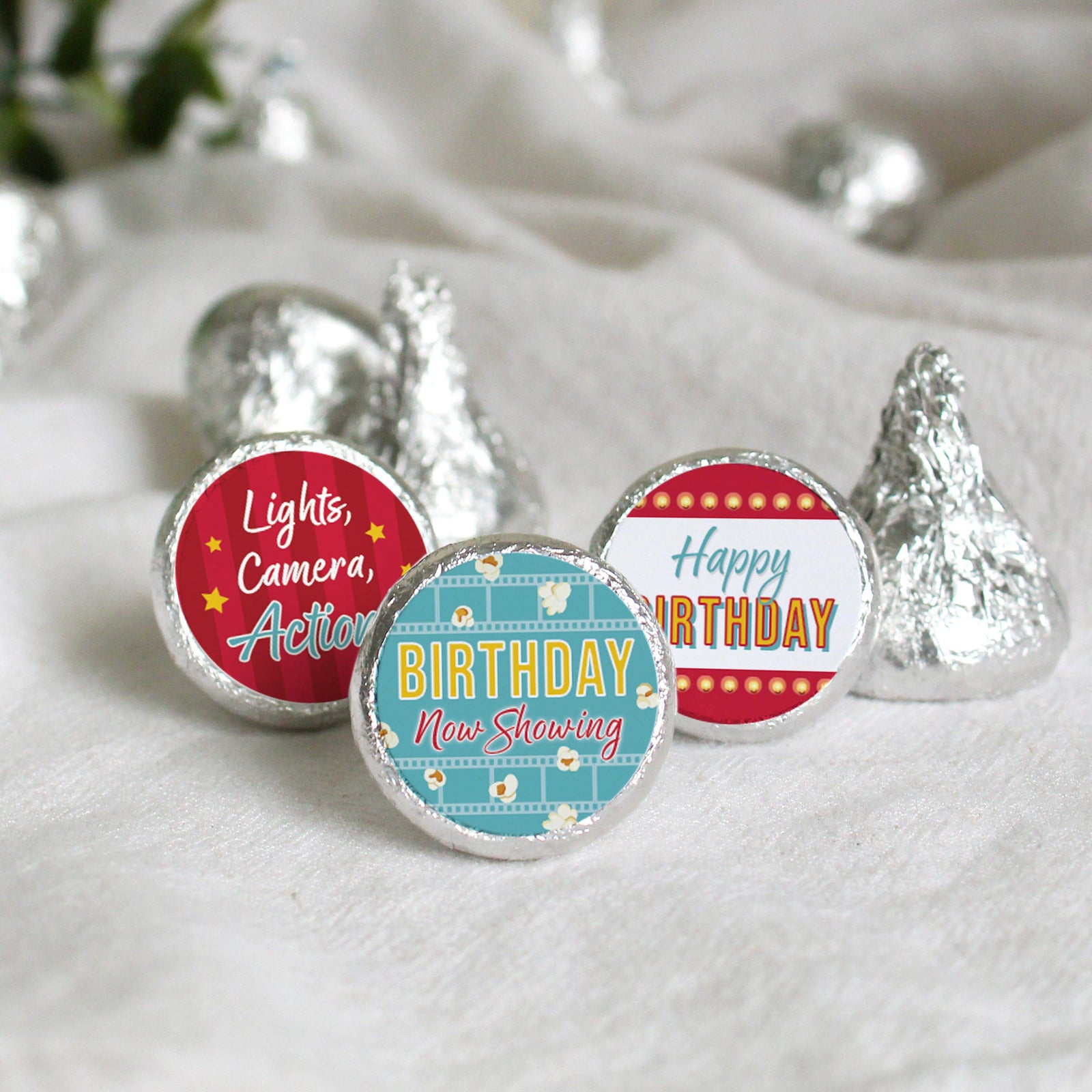 Movie Night: Kid's Birthday - Party Favor Stickers- Fits on Hershey's Kisses - 180 Stickers - Distinctivs Party
