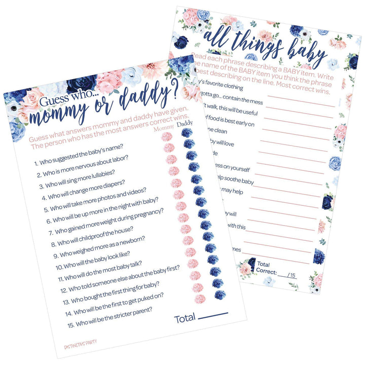 Navy &amp; Blush Floral: Juego de baby shower - "Adivina quién" mamá o papá y todo lo relacionado con el bebé - Paquete de dos juegos - Revelación de género - 20 tarjetas de juego de doble cara