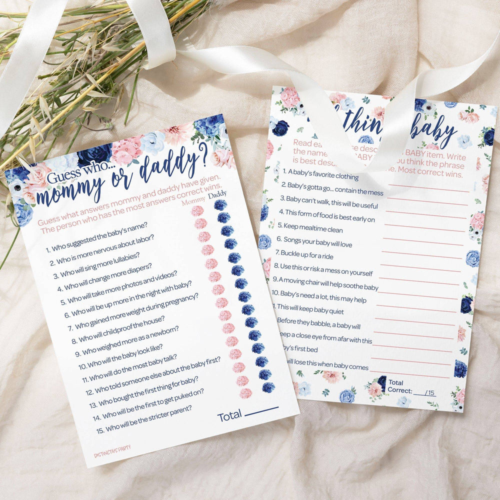 Navy & Blush Floral: Baby Shower Game - "Guess Who" Mommy or Daddy and All Things Baby - Two Game Bundle - Gender Reveal - 20 Dual-Sided Game Cards - Distinctivs Party