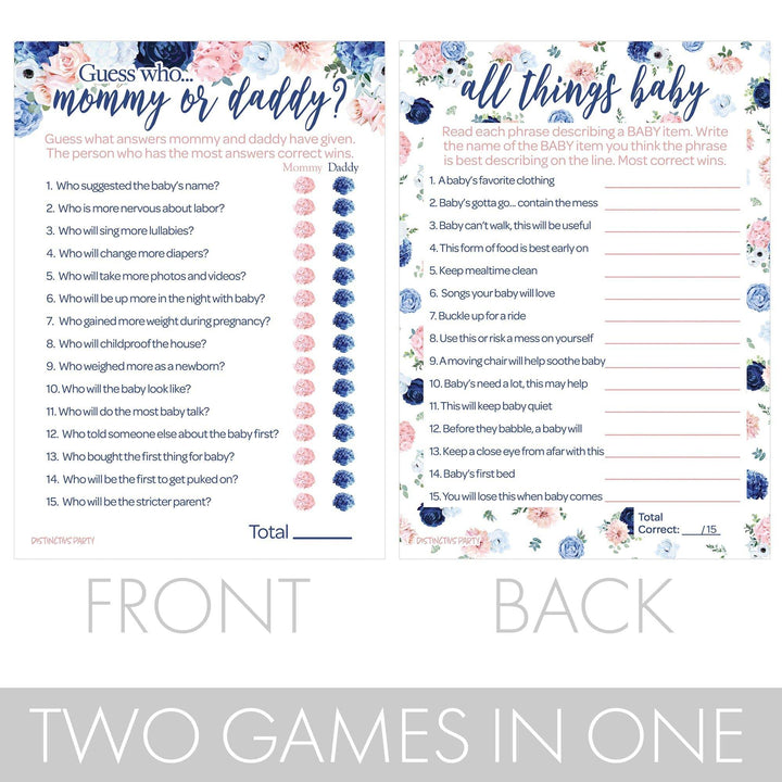 Navy &amp; Blush Floral: Juego de baby shower - "Adivina quién" mamá o papá y todo lo relacionado con el bebé - Paquete de dos juegos - Revelación de género - 20 tarjetas de juego de doble cara