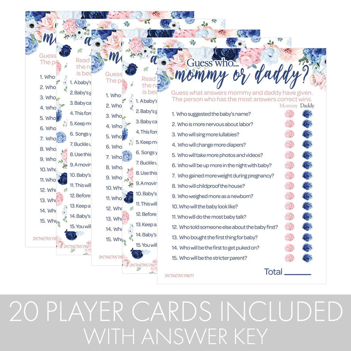 Navy &amp; Blush Floral: Juego de baby shower - "Adivina quién" mamá o papá y todo lo relacionado con el bebé - Paquete de dos juegos - Revelación de género - 20 tarjetas de juego de doble cara