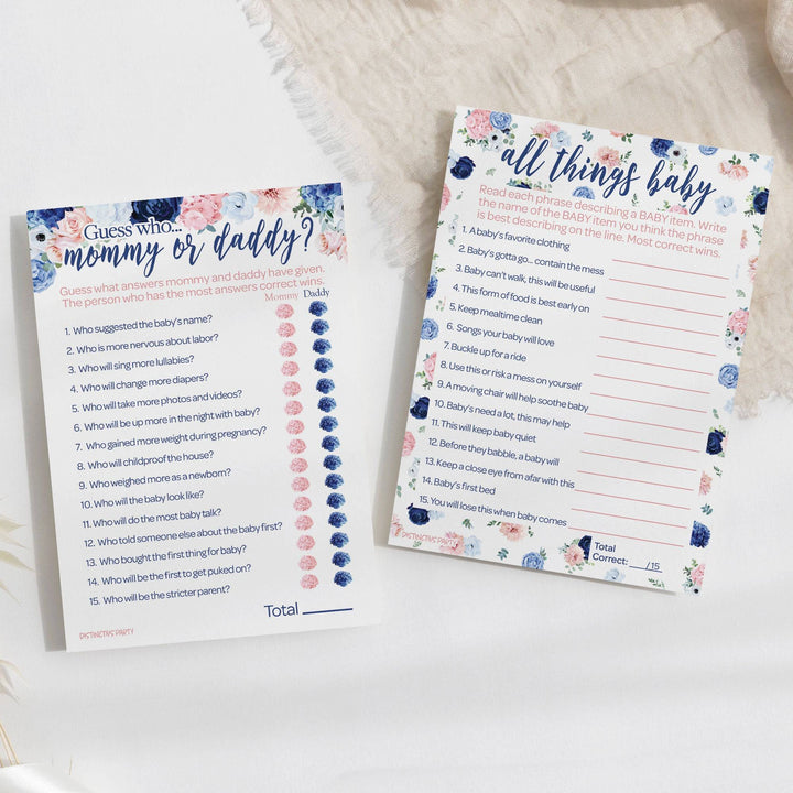 Navy & Blush Floral: Baby Shower Game - "Guess Who" Mommy or Daddy and All Things Baby - Two Game Bundle - Gender Reveal - 20 Dual-Sided Game Cards - Distinctivs Party