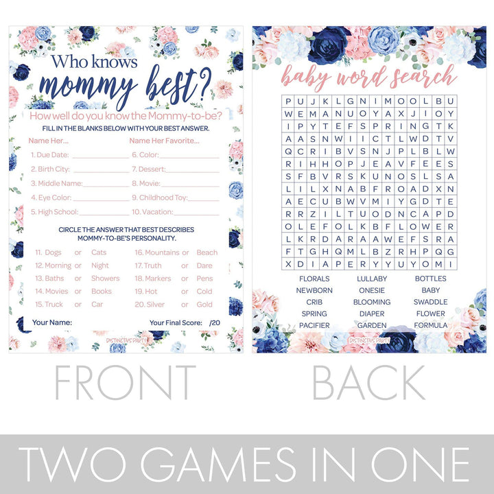 A navy and blush floral game bundle featuring 20 double-sided game cards perfect for a gender reveal party