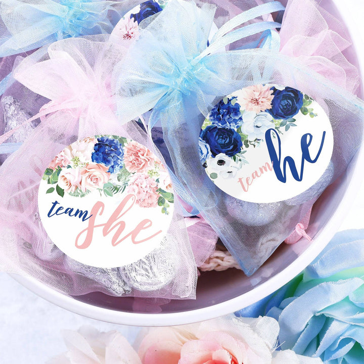 Navy & Blush Floral: Gender Reveal Party -Team He or Team She - 40 Stickers - Distinctivs Party