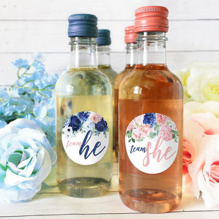 Navy & Blush Floral: Gender Reveal Party -Team He or Team She - 40 Stickers - Distinctivs Party