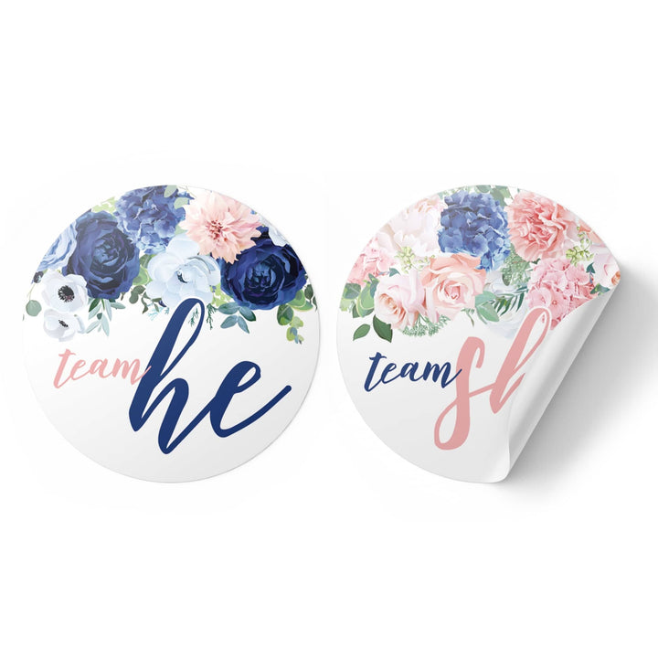 Navy & Blush Floral: Gender Reveal Party -Team He or Team She - 40 Stickers - Distinctivs Party