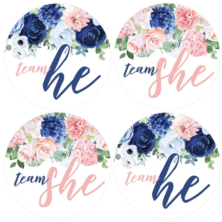 Navy & Blush Floral: Gender Reveal Party -Team He or Team She - 40 Stickers - Distinctivs Party