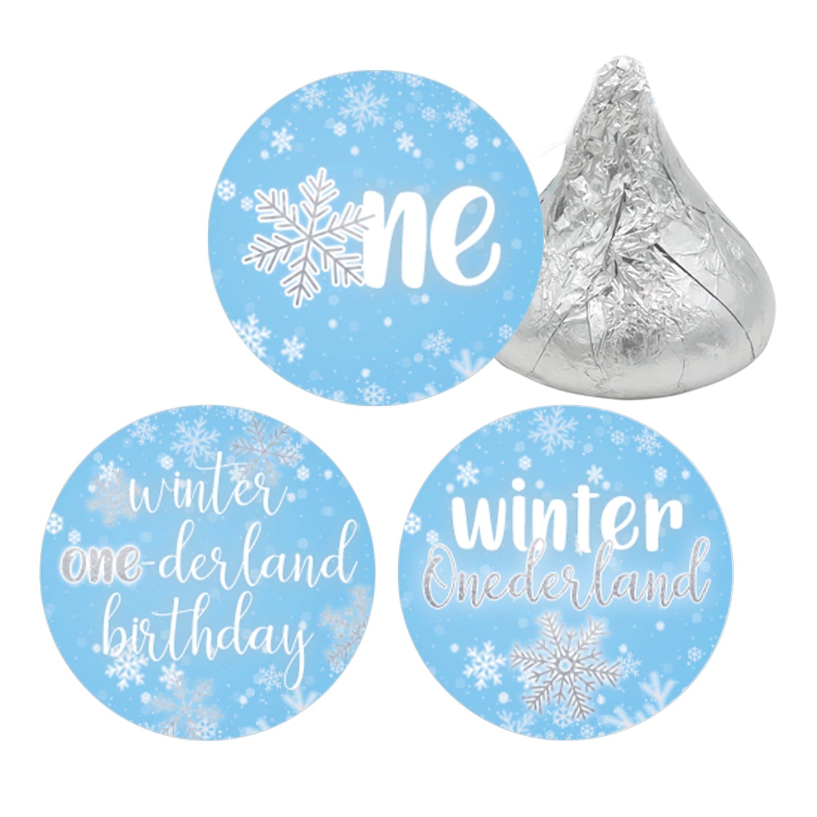 Onederland Snowflake: Blue - Winter First Birthday - Favor Stickers - Fits on Hershey's Kisses - 180 Stickers - Distinctivs Party