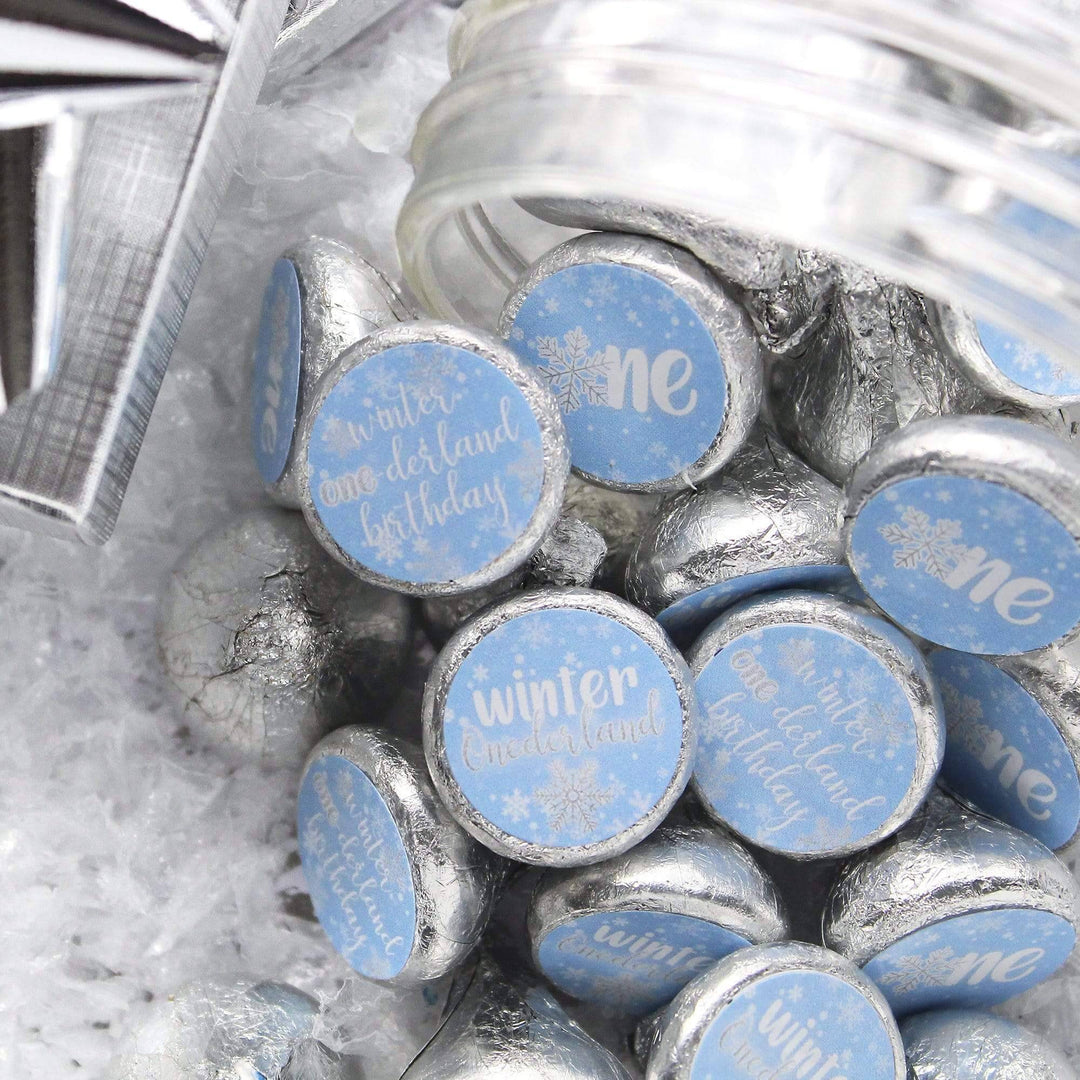 Blue Onederland Boy's First Birthday Party Favor Stickers Winter Snowflake Theme Stickers for Chocolate Kisses Candy 180 1st Bday Labels