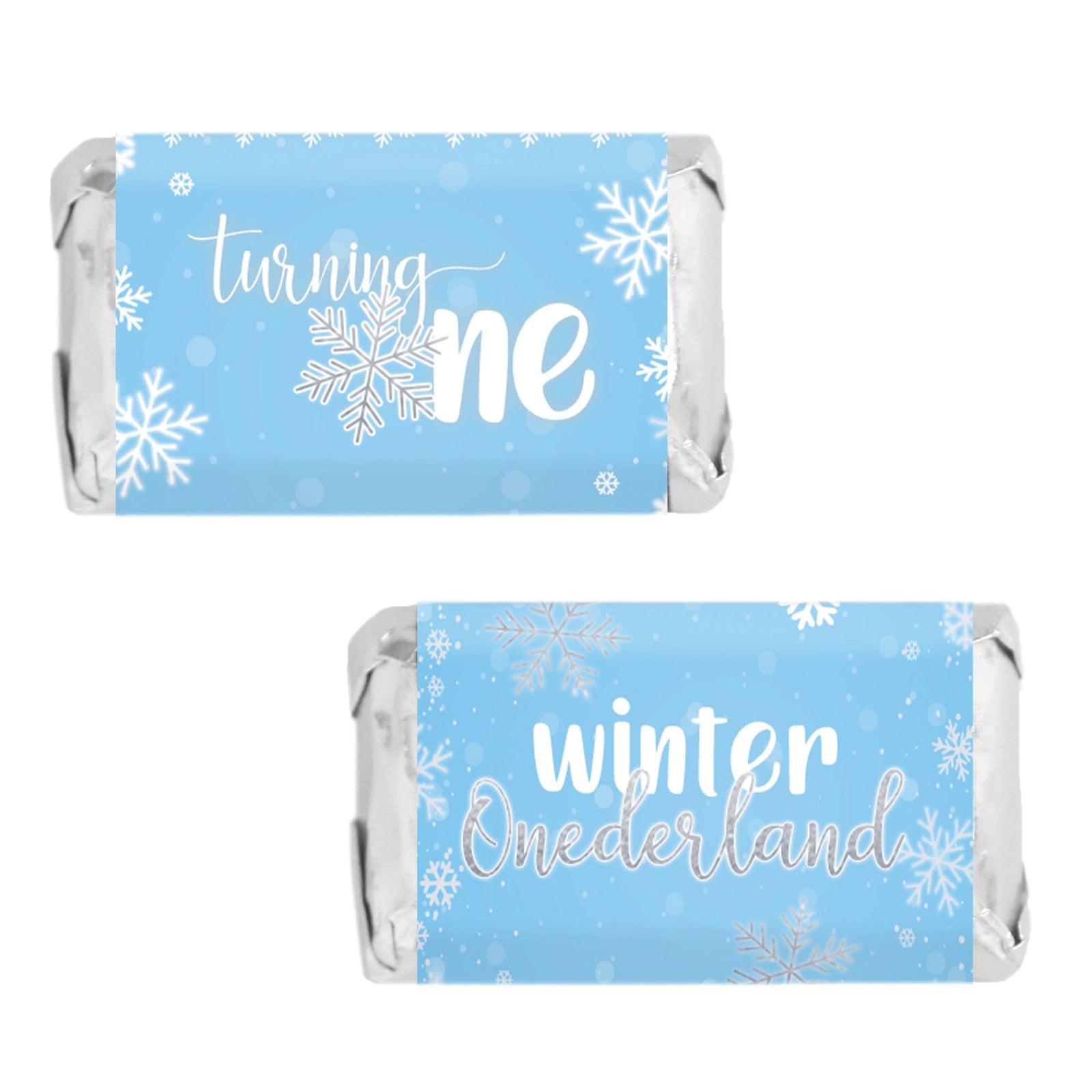 Onederland Snowflake: Blue - Winter First Birthday - Hershey's Miniatures Candy Bar Wrappers Stickers - 45 Stickers - Distinctivs Party