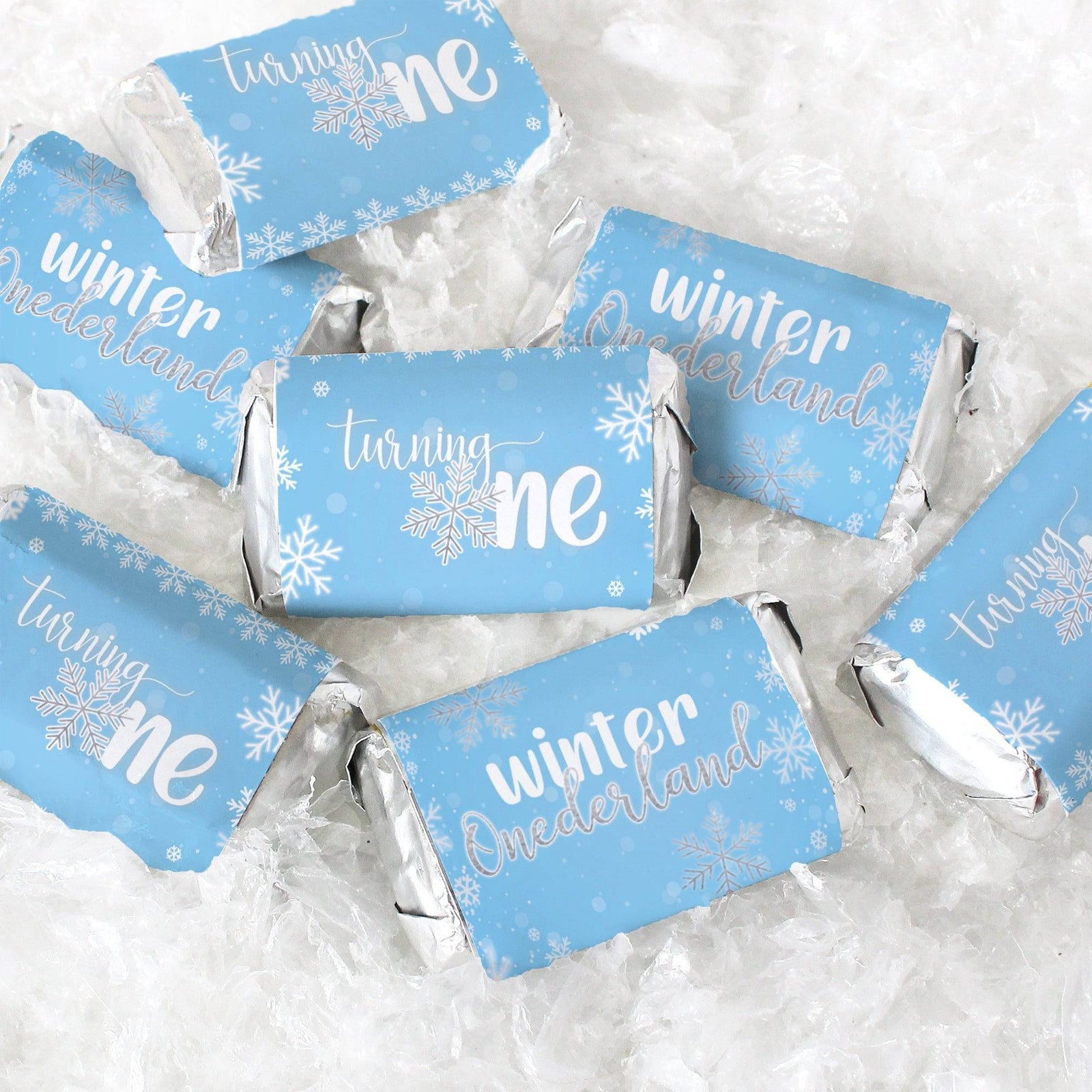 Onederland Snowflake: Blue - Winter First Birthday - Hershey's Miniatures Candy Bar Wrappers Stickers - 45 Stickers - Distinctivs Party