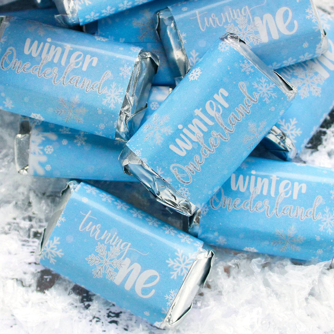 Onederland Copo de Nieve: Azul - Primer Cumpleaños de Invierno - Pegatinas Hershey's Miniatures Candy Bar Wrappers - 45 Pegatinas