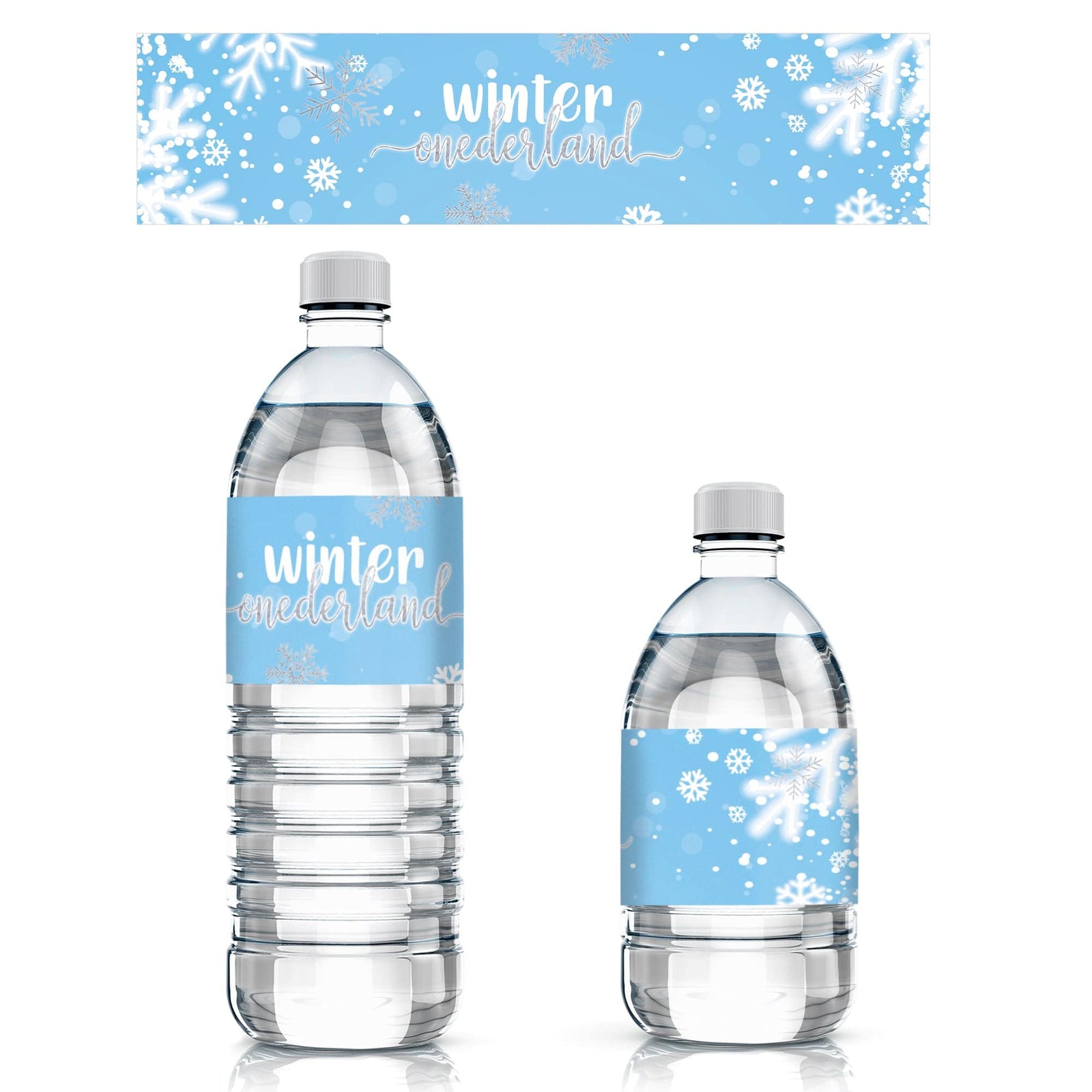 Onederland Snowflake: Blue - Winter First Birthday - Water Bottle Labels - 24 Waterproof Stickers - Distinctivs Party