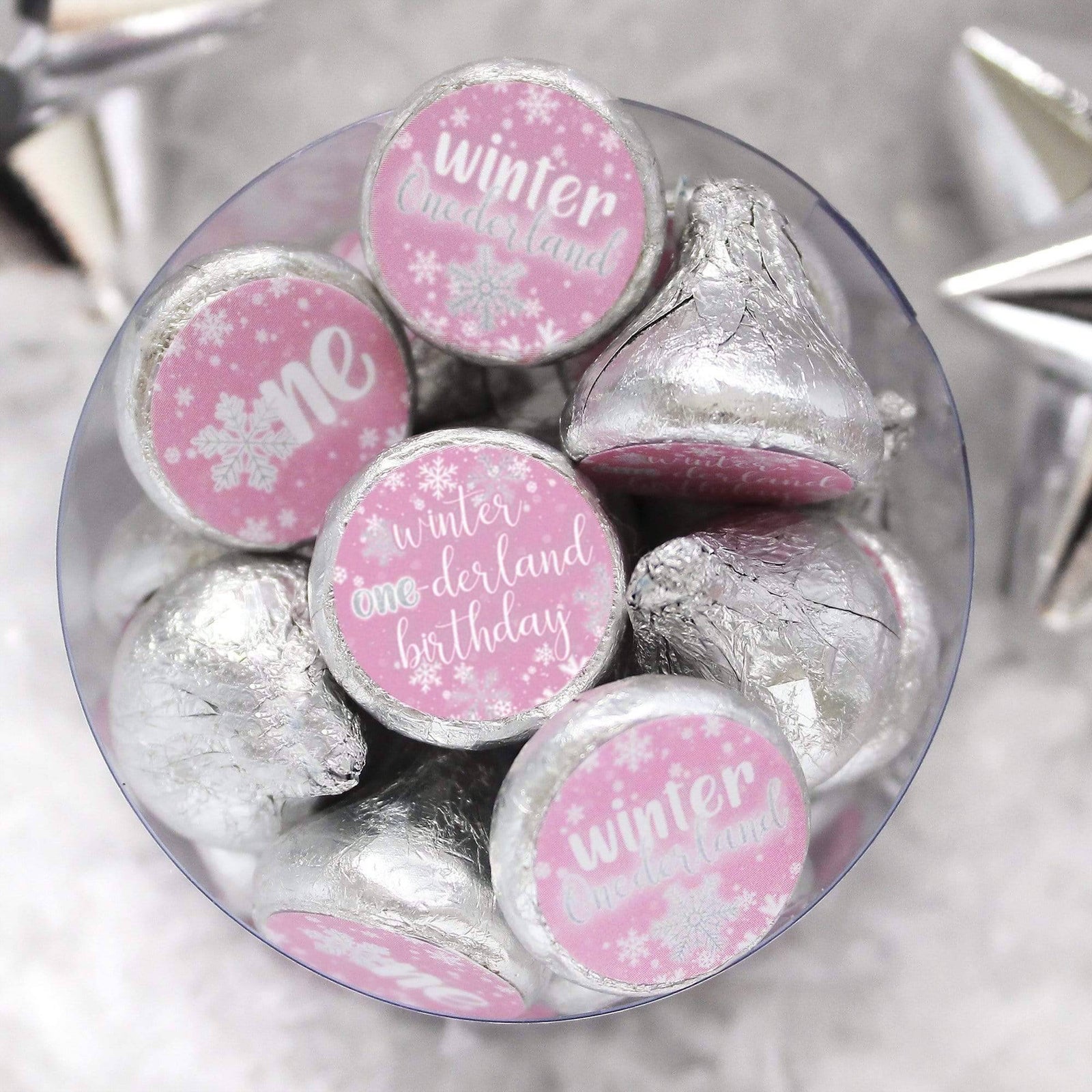 Onederland Snowflake: Pink - Winter First Birthday - Favor Stickers - Fits on Hershey's Kisses - 180 Stickers - Distinctivs Party