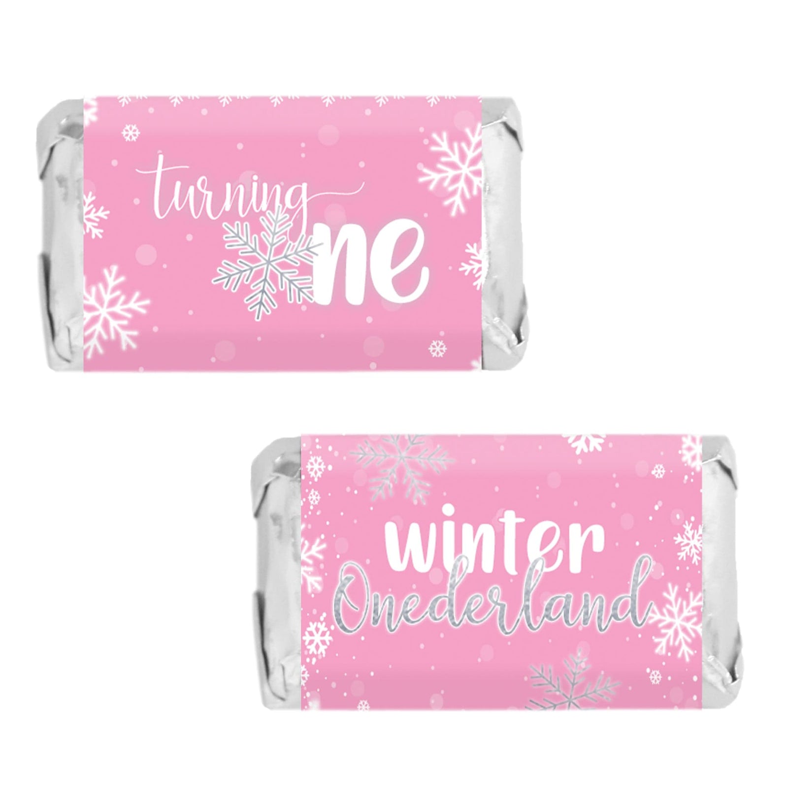 Onederland Snowflake: Pink - Winter First Birthday - Hershey's Miniatures Candy Bar Wrappers - 45 Stickers - Distinctivs Party
