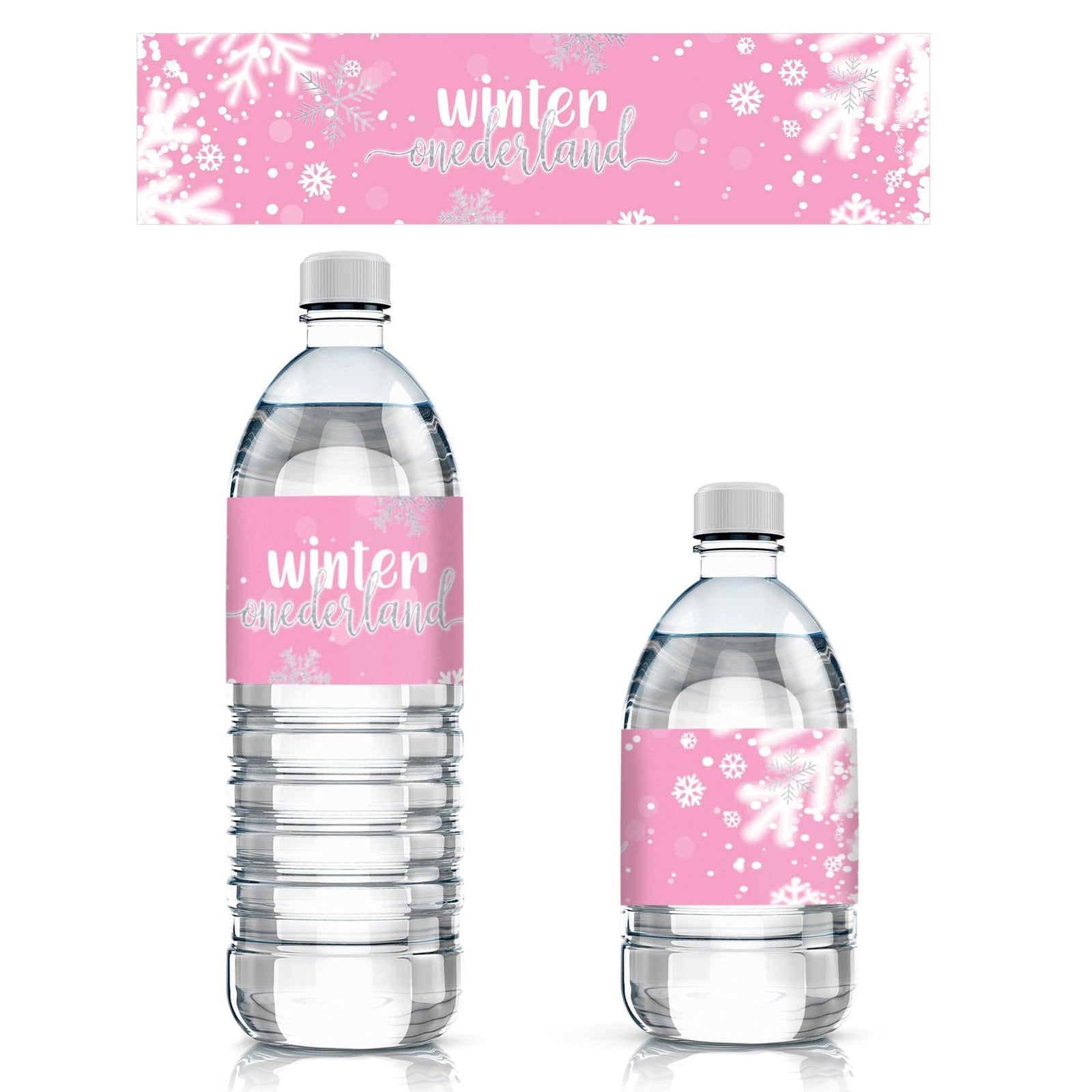 Onederland Snowflake: Pink-  Winter First Birthday - Water Bottle Labels - 24 Waterproof Stickers - Distinctivs Party
